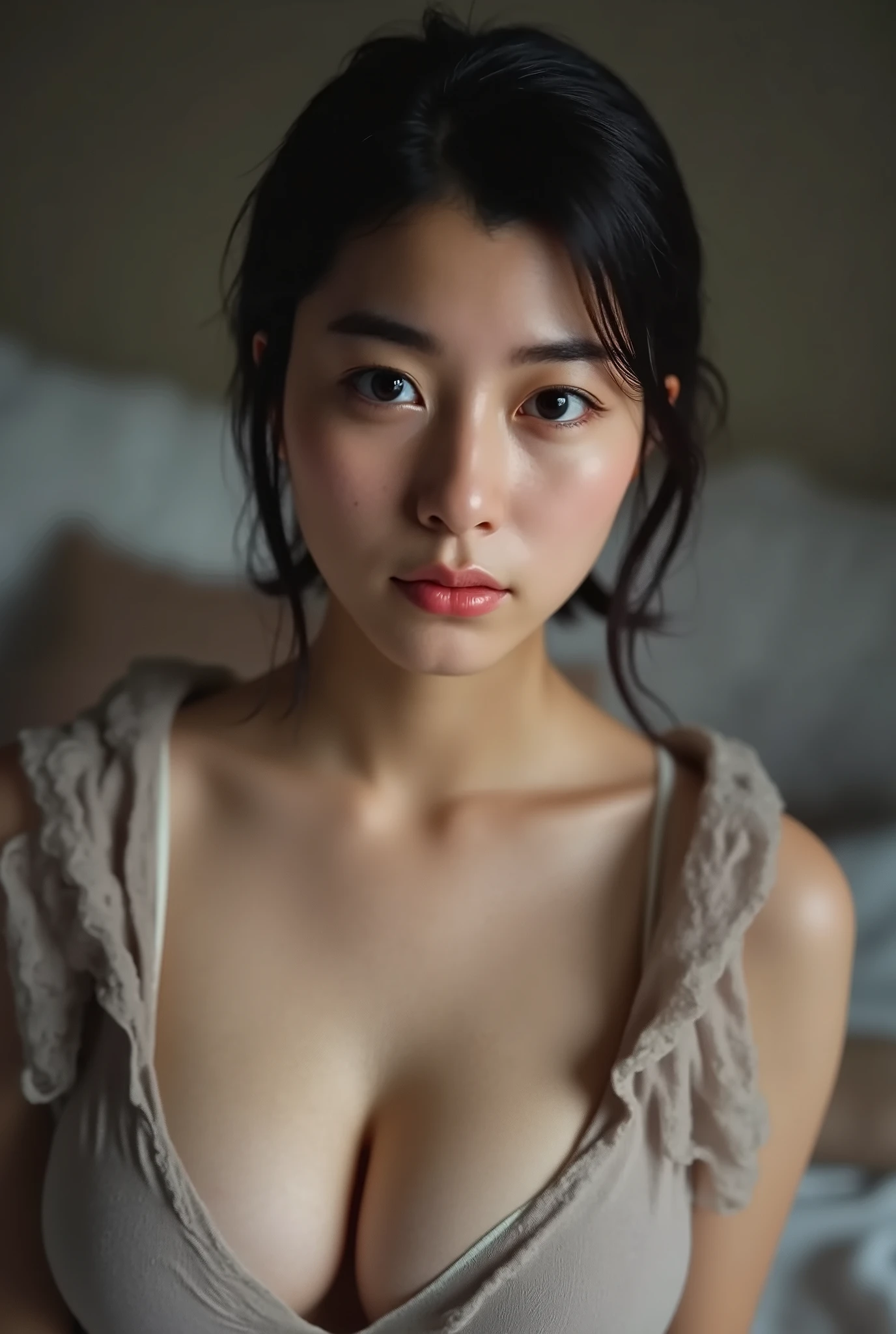 (( PREMIUM QUALITY,  8k )), ((masterpiece)), ( details),    、Dark Haired,  Japanese Girl,   first-person view   ,ONE WOMAN, plump girl, petite girl ,   sexy,(  full nude, in the bedroom),(((    extremely big breasts ,    full nude,  beautiful breasts,  short bob hair , Dark Haired))),  ((Dark Haired, full nude)) , (( No decoration,  no accessories,       without makeup ))