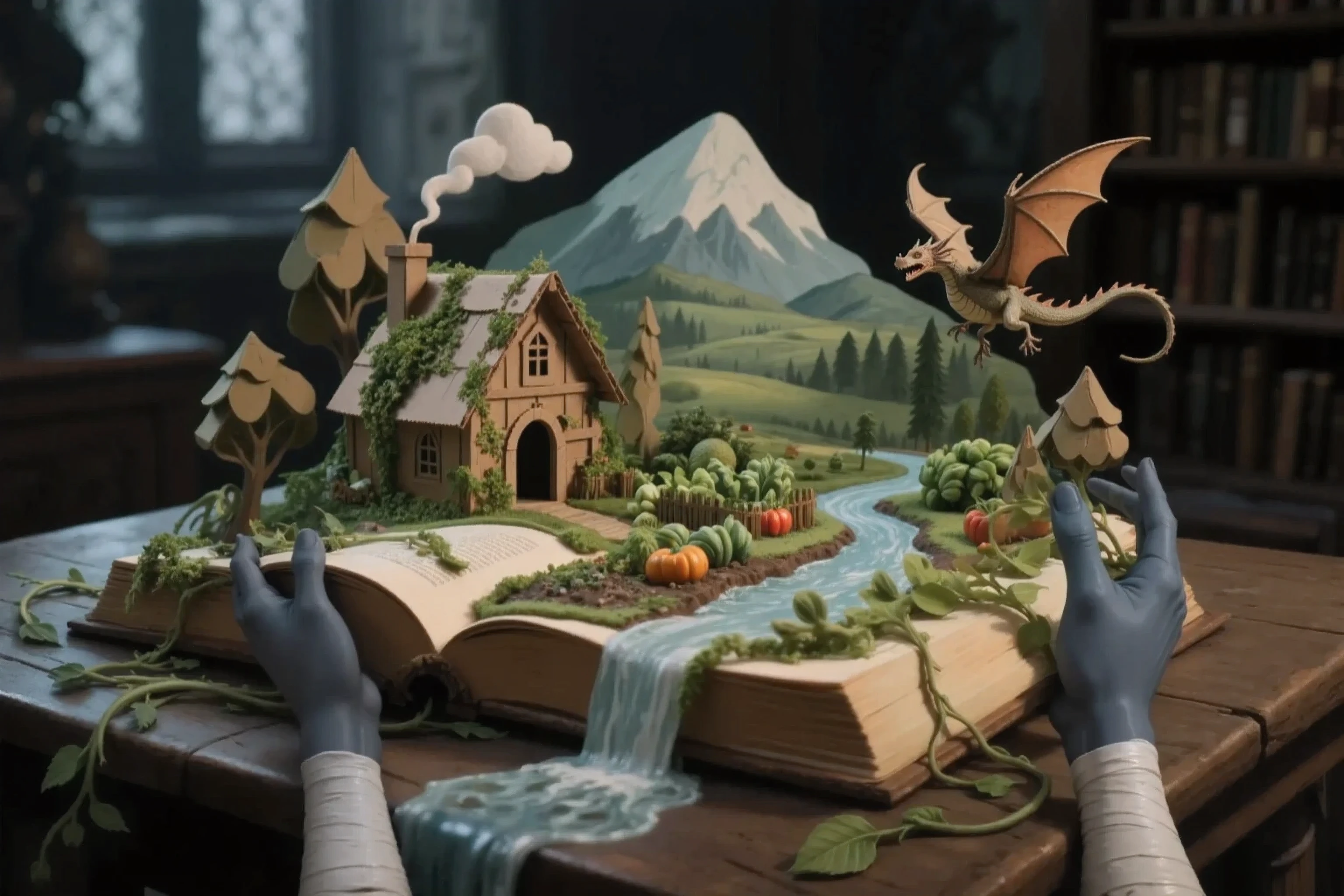 in the background, the best quality, Ultra-detailed, Highest resolution 8K, Cinematic emotional static frame, 8K UHD, Extremely detailed, physical visualization, masterpiece, HDR, (sfw:1.4),
(Dark blue-gray women's hands in bandages are holding on to the book in the foreground:1.4).
Close-up on a wooden table lies a thick brown book from which various long green vines grow, and on its pages you can see a beautiful medieval voluminous hut made of cardboard and overgrown with greenery. Convex cardboard trees and convex cardboard clouds. A medieval vegetable garden on the pages of a book and a beautiful landscape in the distance with mountains painted on the pages of a book. And the dragon is flying. a river pours out next to the book and flows off the table.
Everything is depicted on the pages of the book.
In the background behind the book, the old gloomy library is very blurry. dark blurred background around
(hyperrealism:1.5), (Photo), (Cinematic light), (dark frame), (Close-up of), highest detail, top quality, ultra-detailed, Highest resolution 8K, Cinematic emotional static frame, 8K UHD, with her fingers {p} eptremely detailed, with physical visualization, masterpiece, HDR,
In karaoke at night, a dog howls in front of the microphone, sitting on a bright neon floor with colored glowing neon panels. In the background, the bright neon light of night karaoke. On the background, the screen has a bright, very blurred picture.