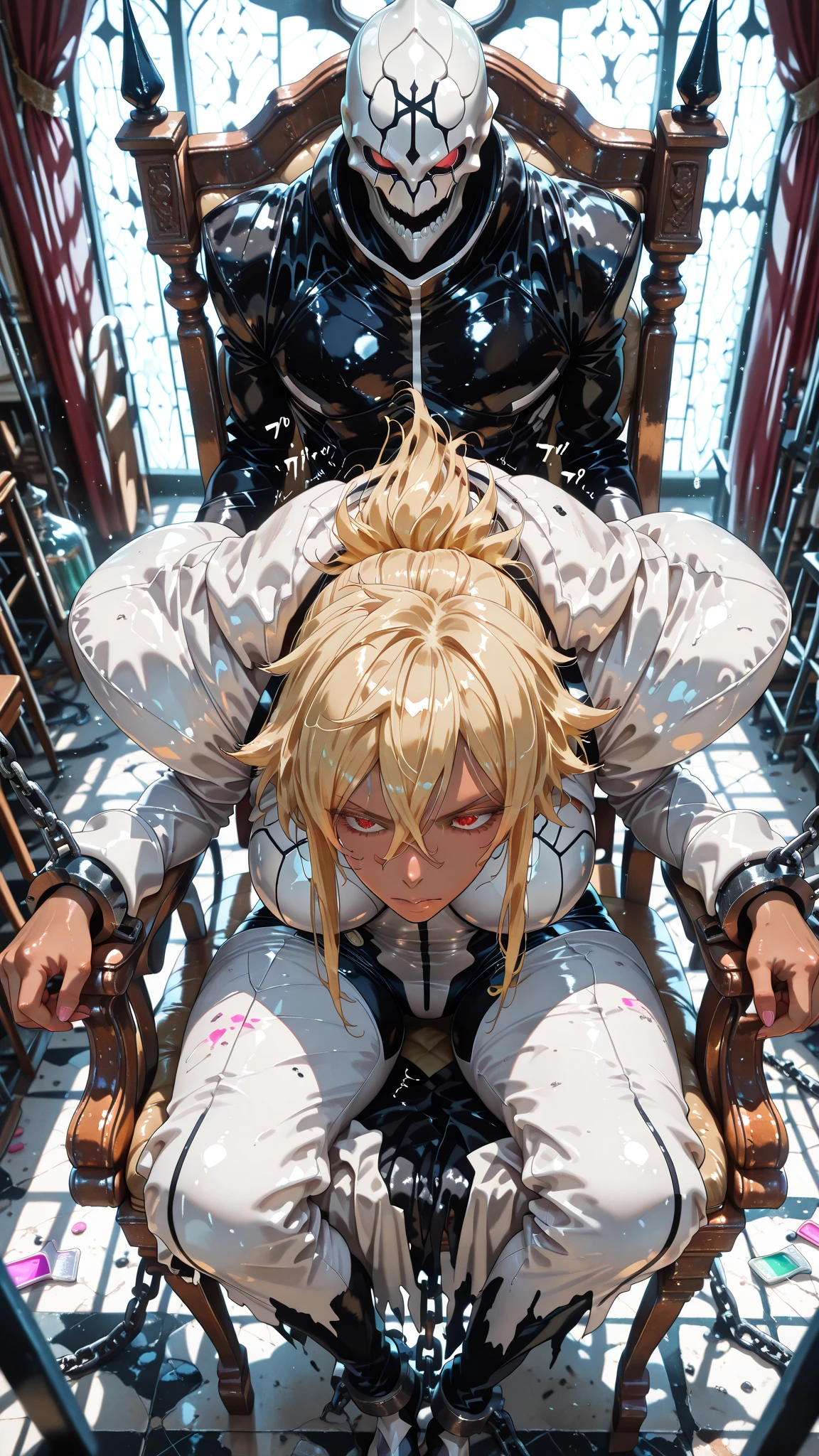 (best quality,4k,8k,highres,masterpiece:1.2),ultra-detailed,(realistic,photorealistic,photo-realistic:1.37),1girl,(2B nier automata),beautiful,slender,,large ,fifth  size,makeup,shirt,skirt,lace stockings with suspenders,kneeling on the floor,indoor,