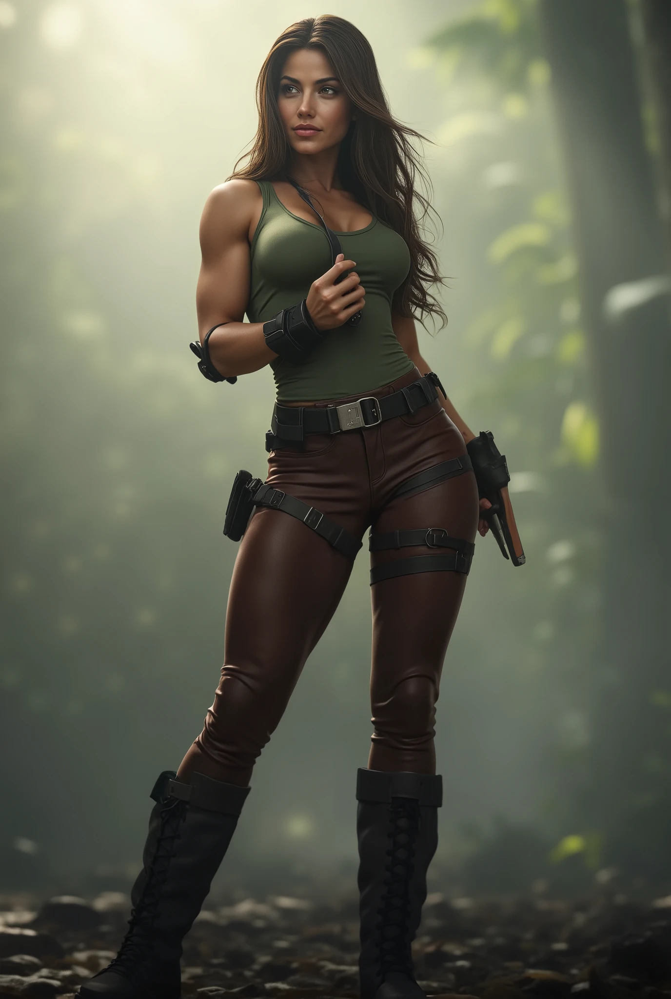 full length sexy beauty Lara Croft, slim, tall, brown long hair, brown eyes, red lips, athletic slim figure, large breat, muscle, brown leather pants, green leather t-shirt, leather boots, background, mist, fog, blurred shadows, photorealistic