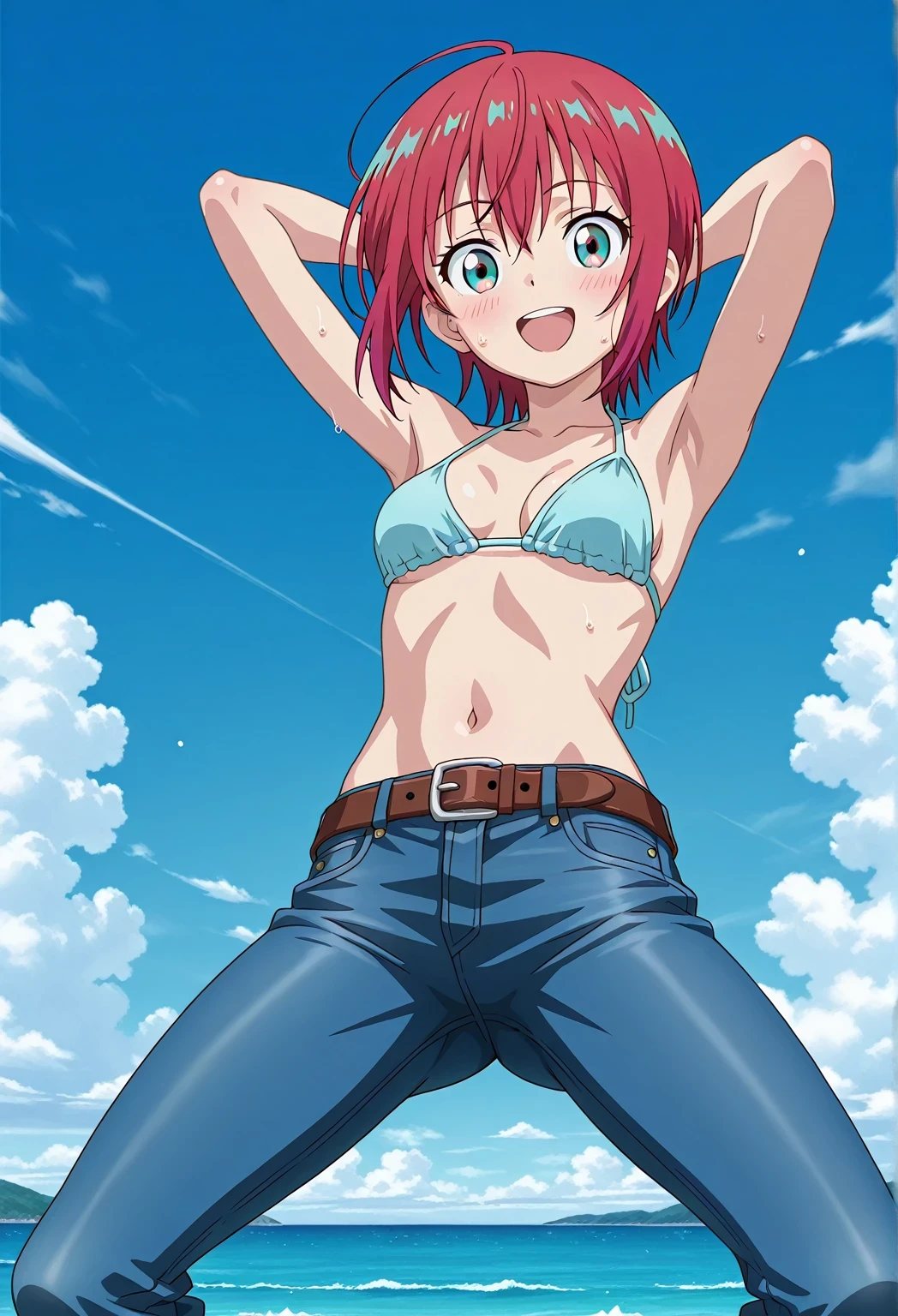 score_9, score_8_up, score_7_up, source_anime, highres, hi res, ((best quality, top quality, perfect quality, Highest Quality, amazing quality)), {{masterpiece}}, {{an extremely delicate and beautiful}}, 2d, intricate details, official style, anime, 8k, anime style, official_anime, official art, digital painting, cell shading, soft shading, high resolution, soothing tones, Subdued Color, Soft cinematic light, adobe lightroom, photolab, HDR, intricately and hyper-detailed, ((high quality animation)), 1 girl, Alone, solo, ((ocean)), tsunami, on the water, day, sunny, outdoors, sky, windy, Amate Yuzuriha, red hair, multicolored hair, short hair, aqua eyes, multicolored eyes, anime screencap, small breasts, light blue bikini top, best quality, hyper-detailed jeans, belt, brown belt, ((blue jeans:1.9)), (dark blue jeans:0.6), full medium body, medium shot, Open mouth, smiling, happy face, blush, sweat, standing, ((arms behind head:6.0)), bowlegged, jumping pose, action, looking at viewer, spread legs, Bend knees slightly, straight-on front view
