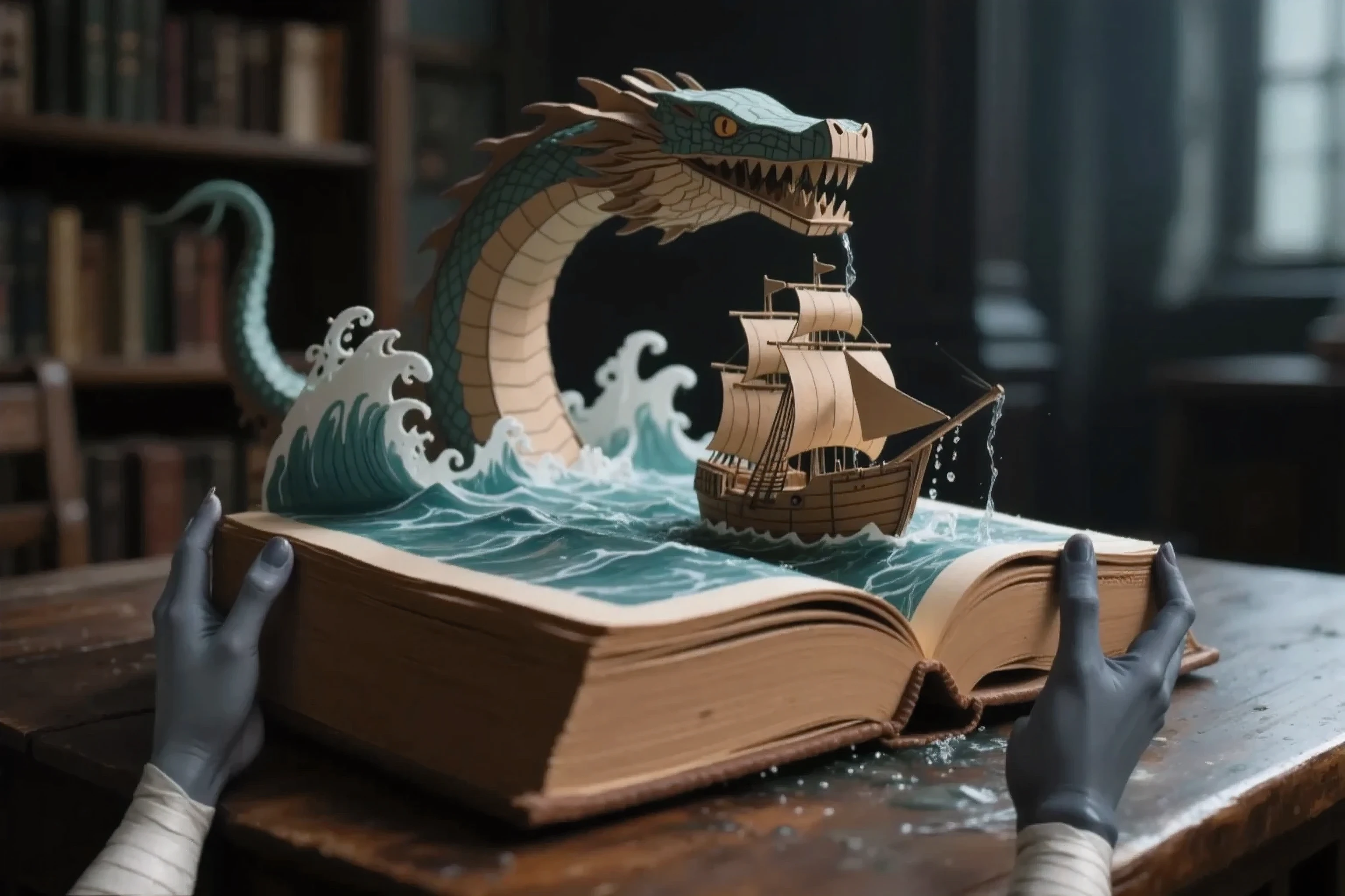 in the background, the best quality, Ultra-detailed, Highest resolution 8K, Cinematic emotional static frame, 8K UHD, Extremely detailed, physical visualization, masterpiece, HDR, (sfw:1.4),
(Dark blue-gray women's hands in bandages are holding on to the book in the foreground:1.4).
Close-up on a wooden table lies a thick brown book out of water pouring, inside the book is a big ocean in which a cardboard ship sails, and behind him, a cardboard sea serpent Leviathan rises from cardboard waves. Everything is on the pages of the book. Voluminous cardboard and colorful.
Everything is depicted on the pages of the book.
In the background behind the book, the old gloomy library is very blurry. dark blurred background around.