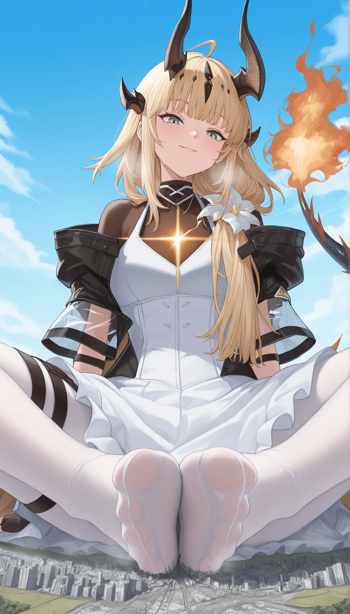 (1girl:1.4), (solo:1.4), reed_the_flame_shadow_\(arknights\), green eyes, dragon horns, blonde hair, ahoge, hair flower, hair_over_shoulder, light_in_heart, white dress, black jacket, flower pattren pantyhose, single glove, flame-tipped tail, off shoulder, fullbody, dynamic pose, Scattering Cities, Urban rubble being kicked up in the air, impact, smile, (giantess:1.4), microcity, collapsed city, Outdoors, Blue Sky, fullbody, very aesthetic, absurdres, newest, seductive body, sweat, lewd face, (sitting on the ground:1.4), white tights, pants over tights, 5toes, (from below:1.2), Masterpiece, best quality, masterpiece,sky background, best quality