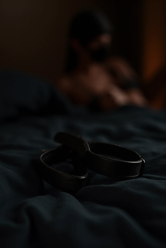 1 woman lies on her back in bed tied up with black leather handcuffs which are in the middle of the picture
