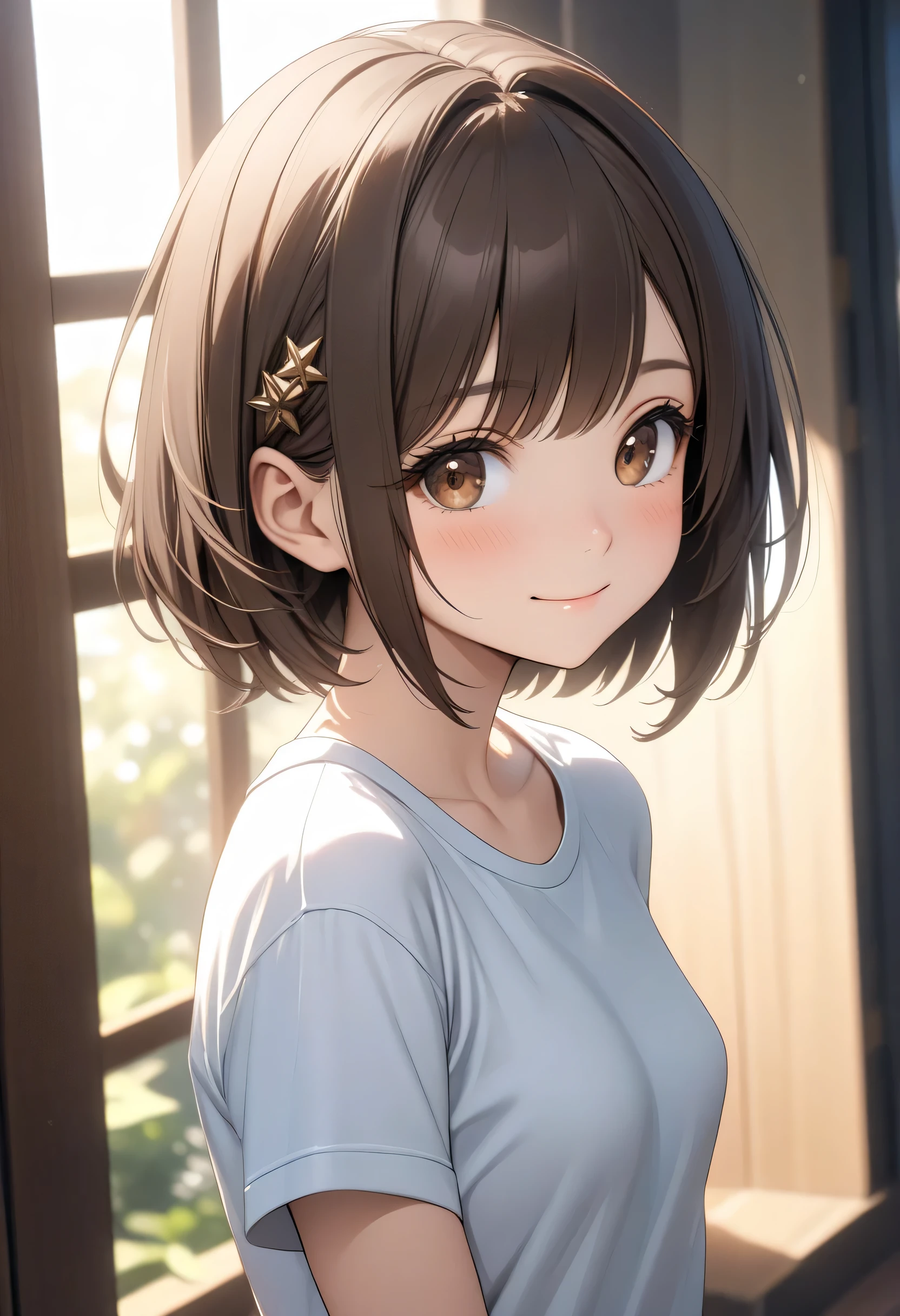 ((masterpiece, best quality, High resolution, UHD, perfect pixels , depth of field , 4k, RTX, hdr))), 1 girl, single, 14 years old, alone, medio cuerpo, beautiful anime girl , Beautiful Art Style, anime character , (( A light smile , closed mouth, childish gaze, Short straight hair at the back of the neck , asymmetric bangs , dark brown hair , two small pins on one side of her head)), (brown eyes 1 .3, beautiful eyelashes ,), ( detailed face, blush: 1.1), (smooth texture: 0.6, realistic texture: 0.5, photorealistic: 1.1, anime cg style), beautiful small breasts, ( close up, looking at the spectator), Perfect body, (Esta de pie recargada sobre la ventana de una recamara, de brazos cruzados con la pose del pensador,), (viste blusa verde claro tipo deportiva)