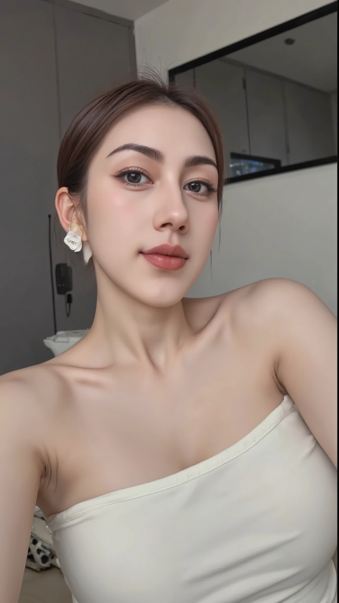 Beautiful asian muscle woman smiling open mouth , close-up half body , huge breast, cleavage visible  , happy vibes beauty smile , 