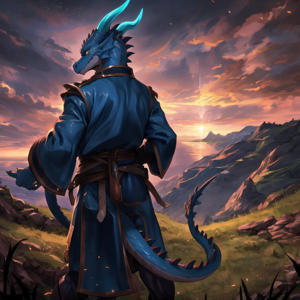 solo, male, mature male, (male anthro dragon:1.3), (blue body:1.1), (standing:1.3), (kemono:1.2), (sunset:1.23), armor, (robe), (looking back:1.2), raised head, (rear view), landscapes, cliff, dawn, horizon, detailed eyes, portrait, dragon tail, horn, (detailed eyes), (outside:1.35), grass, hill, (cloud), (particles ,firefly, blue glowing:1.3), detailed background, 8k hd, (dark shadows, wide dynamic range, hdr, low light:1.2), by Pino Daeni, barazoku, [by dagasi, by zixiong], cygames, by null-ghost, (scenery)