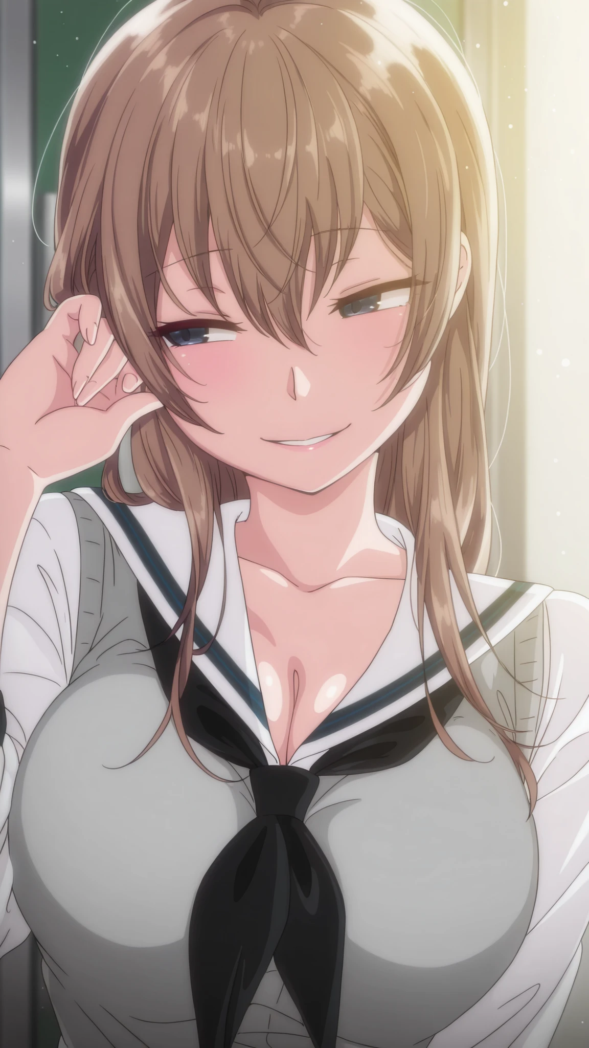 girl, long hair, asymmetrical hair, large breasts, chisa, alone, chisa_IlXL,Brown Hair, smile, narrowed eyes, parted lips, naughty face,, slight smile, contrast, seductive smile, anime coloring, expressive, sensual pose,masterpiece, best quality, dynamic lighting, seductive body, sensual, detailed hand, detailed background, detailed eyes,  pretty eyes, perfect face, light particles, parted lips, happy, high quality,  upper body, school uniform, shy, full body, looking to the side