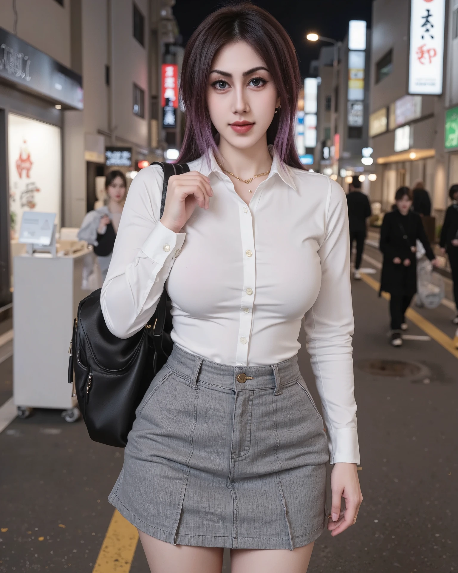 (in 8K、A high resolution、Best Quality、 masuter piece、unreal engine、top-quality、From the thighs up:1.2),(Natural Skin Texture、Detailed skin、Beautiful skin、ultra sharpness),intricate detailes、Extraordinary beauty,(((high breasts,voluptuous body、1 Japanese woman,20 to 25 years old,adult lady,Height 5'9"))),(((an extremely cute and beautiful face,pale skin,empty eyes,eye bags,eyelash extension,blunt bangs,black hair,long hair,two-tone color hair with black and violet))),(solo:1.6),(white shirt,pleated skirt to the thighs,bolo tie,bracelet,ear piercings:1.4),(school bag:1.2),(dip-dye hair,outdoors,Tokyo,Kabukicho,night:1.5),((red eyeshadow, dark red lipsticks, strong eyelines)),safetensors,KPG,