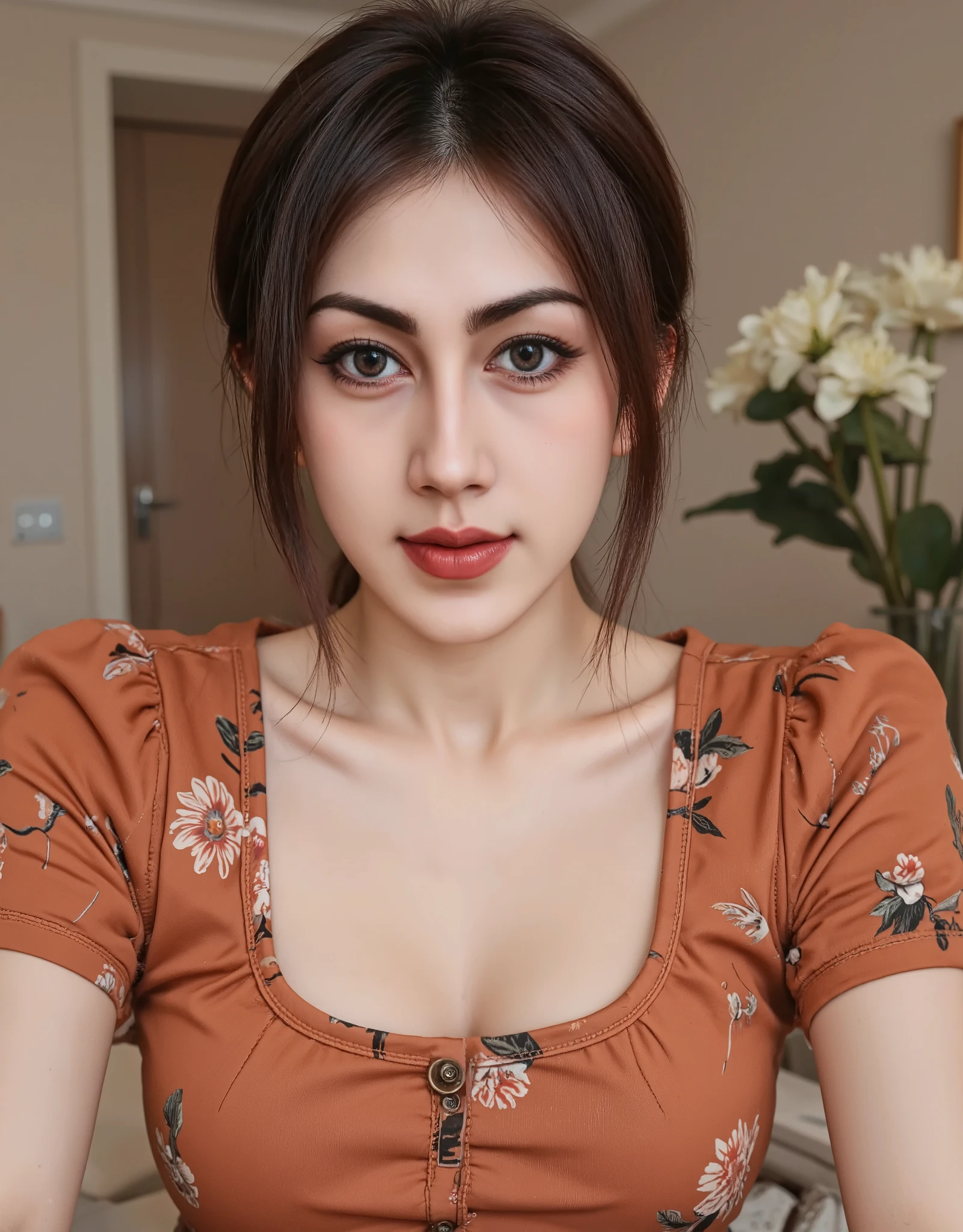 Amazing portrait of a woman who is 30 years old and an adult and a  woman in a bedroom with a beautiful detailed face emphasised by some amazing makeup wearing an orange maxi dress with floral patterns and a square neckline that emphasizes her medium  and slightly puffy short sleeves with a  expression heightened by her  eyes with smokey eyeliner with her black hair in a long braid as she tilts her head to the side and exposes her delicate neck during night time with soft lighting showcasing her red lips and her beautiful face in detail and close up 