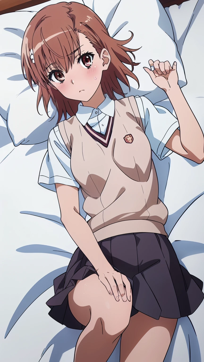 (masterpiece, best quality, high resolution, 8k:1.2), (anime coloring:1.4), (perfect character design:1.4), official art, highly detailed CG Unity 8K wallpaper, perfect face, perfect eye, perfect hair style, perfect body, beautiful body, beautiful skin, beautiful breasts, beautiful legs, beautiful hands, perfect hands, beautiful finger, beautiful face, beautiful eyes, symmetrical eyes, (slim, lanky),(1 girl), (misaka mikoto, brown eyes), (small breasts), (brown hair, short hair, bangs, eyebrows visible through hair, hairpin), (tokiwadai school uniform, white shirt, short sleeves, (sweater vest, v-neck), (gray skirt, pleated skirt, mini skirt), (bare feets), (sensual look, blushing:1.4), (on bed, lying on back: 1.2), (from above:1.2), (looking at the viewer), in the center of the image,