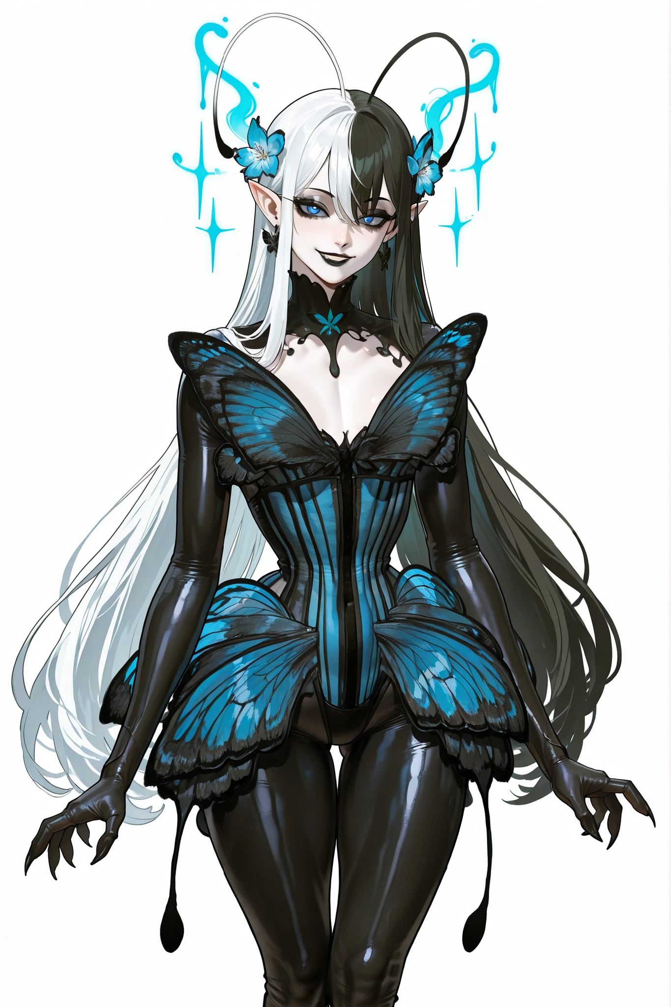 (SPLIT-COLOR HAIR,MIX OF BLACK AND WHITE HAIR,) Dark faèrie-girl. She has an asthenic skinny flat-chested physique, she has long elegant swan neck,clawed six-fingered limbs,long pointy ears. She has huge sharp pitch black butterfly wings. She has elegant curving antennas. She has white skin and a long straight nose. She has black lipstick and sharp needle-like teeth.
She has straight longest striped hair with NO BANGS. She has royal blue eyes with Nazar symbol.  She wearing in jet-black closed skin-tight catsuit with nature embroidery and engraving of vines. Over it, she wears a Black butterfly leotard dress, with a narrow waist corset. (On background: twilight forest where purple-black trees are covered with bioluminescent moss , multicolored Lilly flowers and mushrooms. Black butterflies and moths are flying everywhere.)