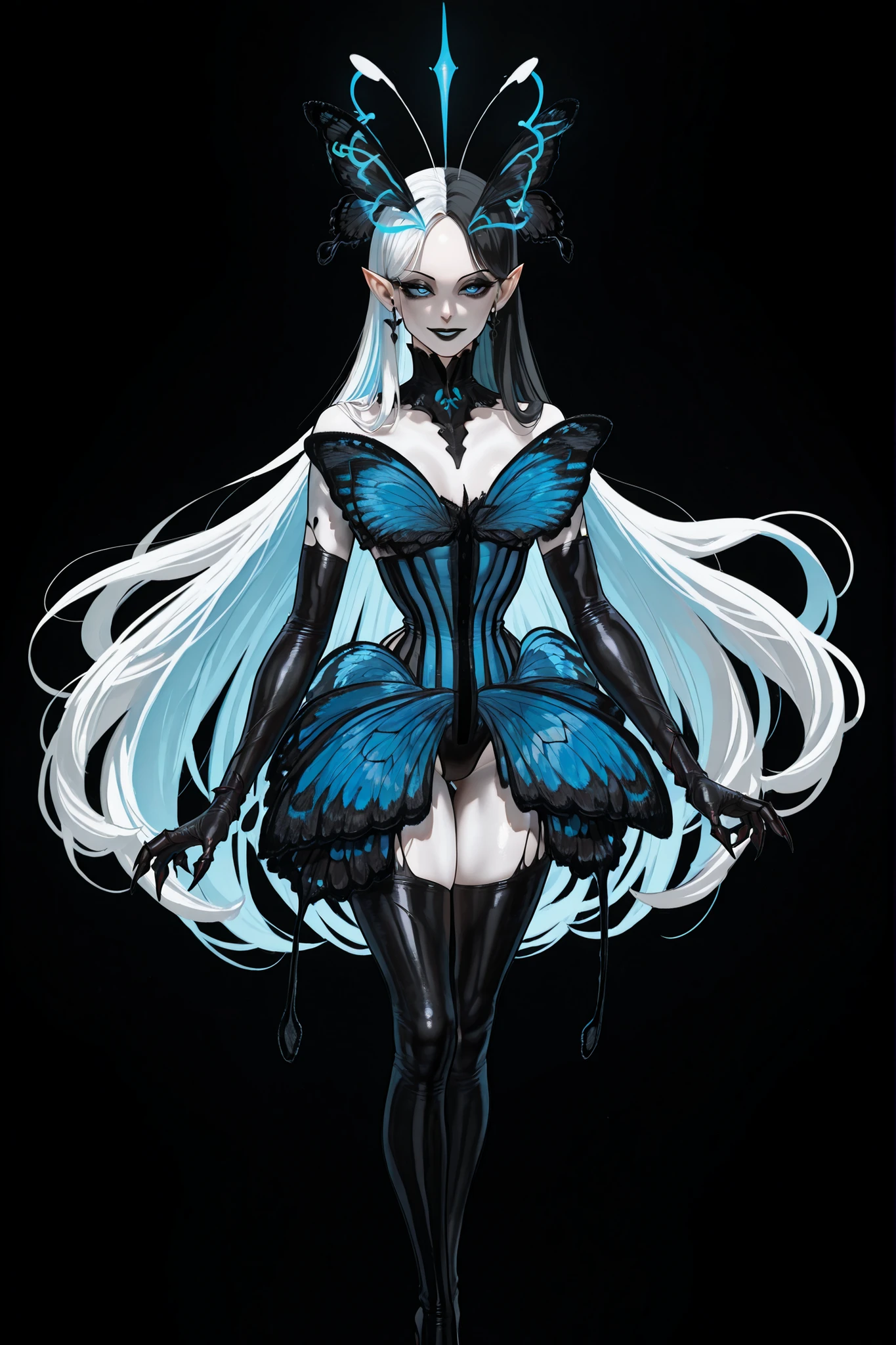 (SPLIT-COLOR HAIR,MIX OF BLACK AND WHITE HAIR,) Dark faèrie-girl. She has an asthenic skinny physique, she has long elegant swan neck,clawed six-fingered limbs,long pointy ears. She has huge sharp pitch black butterfly wings. She has elegant curving antennas. She has white skin and a long straight nose. She has black lipstick and sharp needle-like teeth.
She has straight longest striped hair with NO BANGS. She has royal blue eyes with Nazar symbol. She wearing in jet-black closed skin-tight catsuit with nature embroidery and engraving of vines. Over it, she wears a Black butterfly leotard dress, with a narrow waist corset. (On background: twilight forest where purple-black trees are covered with bioluminescent moss , multicolored Lilly flowers and mushrooms. Black butterflies and moths are flying everywhere.)