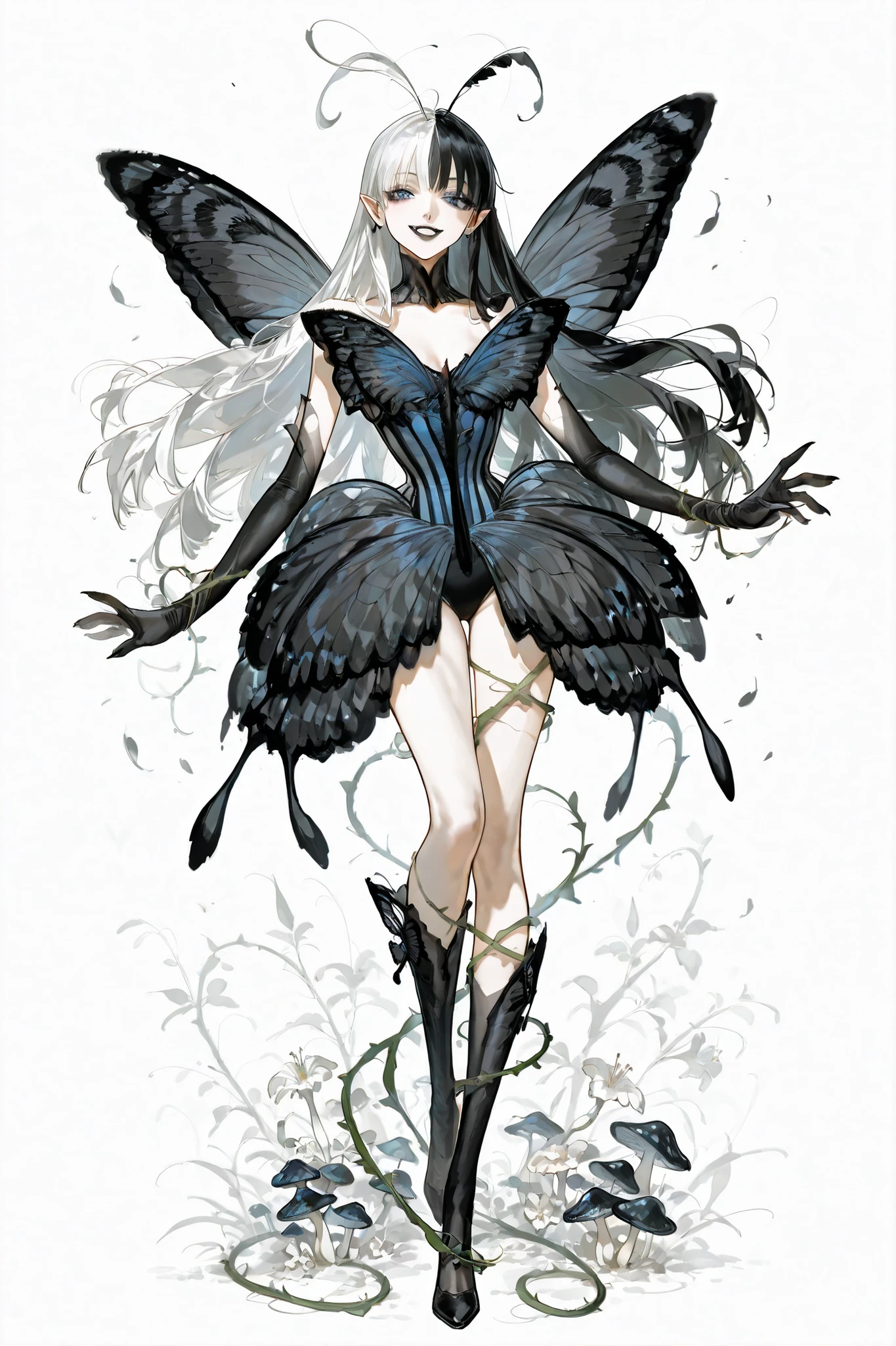 (SPLIT-COLOR HAIR,MIX OF BLACK AND WHITE HAIR,) Dark faèrie-girl. She has an asthenic skinny flat-chested physique, she has long elegant swan neck,clawed six-fingered limbs,long pointy ears. She has huge sharp pitch black butterfly wings. She has elegant curving antennas. She has white skin and a long straight nose. She has black lipstick and sharp needle-like teeth.
She has straight longest striped hair with NO BANGS. She has royal blue eyes with Nazar symbol. She wearing in jet-black closed skin-tight catsuit with nature embroidery and engraving of vines. Over it, she wears a Black butterfly leotard dress, with a narrow waist corset. (On background: twilight forest where purple-black trees are covered with bioluminescent moss , multicolored Lilly flowers and mushrooms. Black butterflies and moths are flying everywhere.)