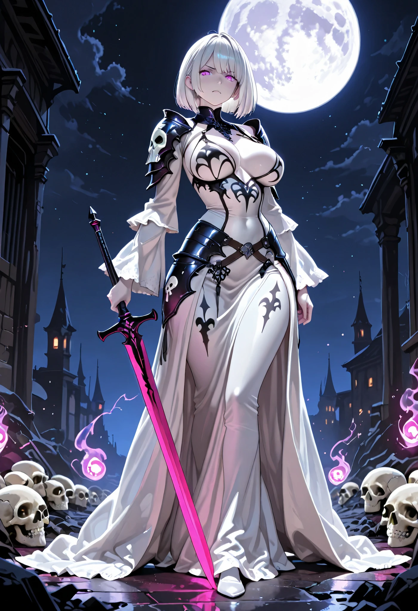 masterpiece, Hi-Res, very high resolution, 8k, super detailed, Highest Quality, Ghost of a Young Woman, solo, Short Bob with White Hair, beautiful character design, White Skin, perfect contrast, Anatomically Accurate, beautiful and delicate eyes, expressive eyes, Purple Eyes, Eyes Shining, Glaring, (White Western Style Armor Dress), pointy breasts:1.1, Looks like a sword sticking to the ground and holding it, full body, night, Starless Darkness, Western Style Armor Dress, White moon in the background, Skull Pattern on the Moon