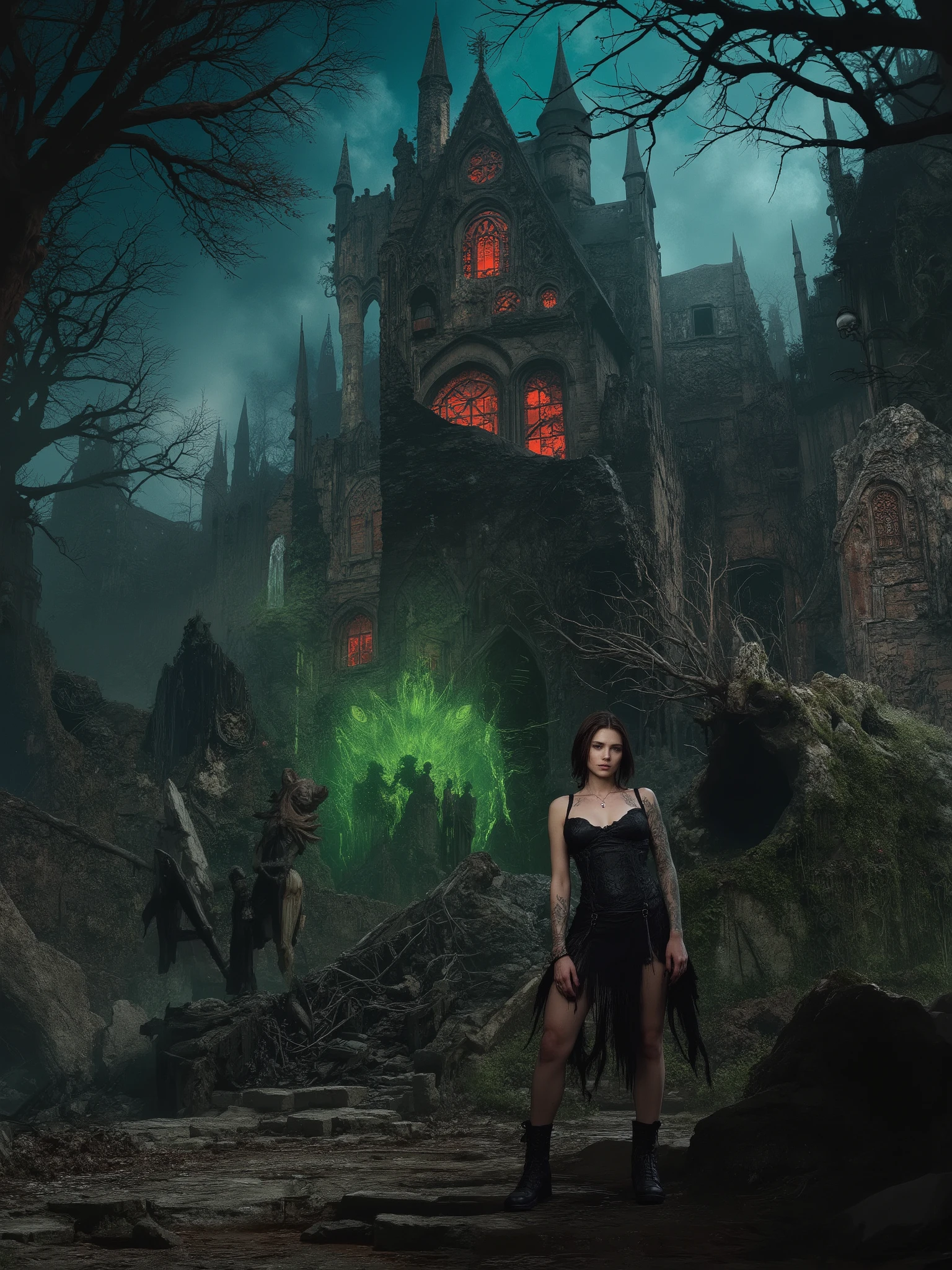 Incredibly detailed illustration of a stunningly attractive European woman, devastatingly pretty face, eccentric Gothic woman in her early 20s with untamed short black hair, black corset dress, impressive cleavage, large natural , adorned with mystical tattoos including an intricate ankh tattoo, luscious and curvy figure, pale skin, shadowy gothic castle looming in the background that is horrific and spectral with crumbling stone walls, broken stained glass windows, gargoyle statues with glowing red eyes, swirling dark mist, floating spectral figures, eerie green will-o'-the-wisps, collapsing towers, twisted dead trees, broken spires, cracks emitting supernatural light, and a foreboding atmosphere, dynamic lighting, hyperdetailed, intricately detailed, inspired by Greg Rutkowski and Artgerm, deep colors, volumetric lighting, 8K resolution, photorealistic rendering, dramatic shadows, atmospheric mist, moonlit scene, ornate architectural details, high contrast, cinematic composition