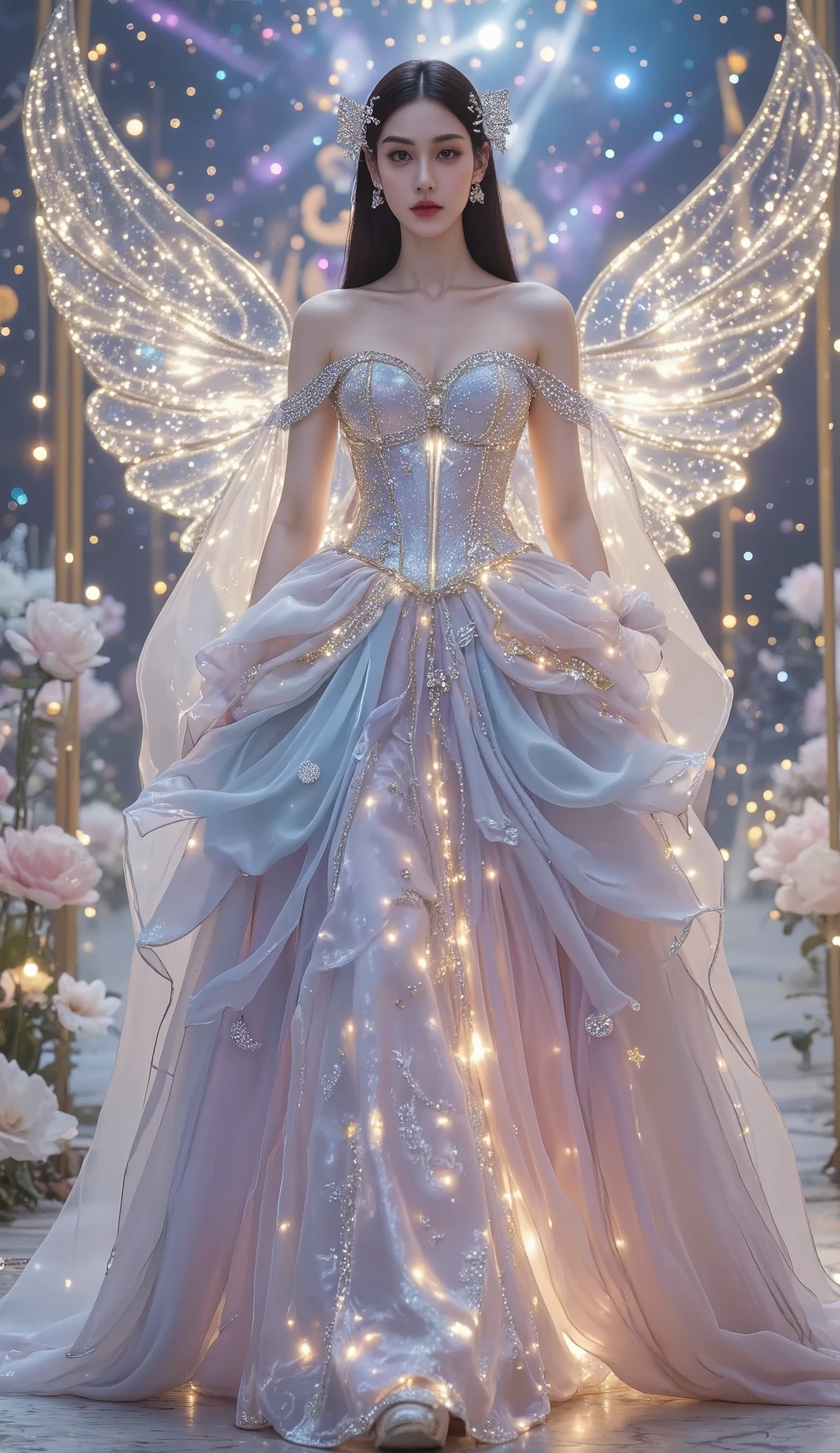 A divine celestial goddess stands in a dreamlike ethereal space, wearing an exquisite off-shoulder gown that glows with an otherworldly light. The bodice is a delicately sculpted corset, adorned with silver and gold celestial patterns, embedded with shimmering crystals that resemble stars. The elegant off-shoulder design features sheer, flowing fabric draped over her arms, embroidered with tiny glowing constellations, giving her an ethereal, angelic aura.
The gown cascades into a voluminous layered skirt, transitioning from a soft, icy blue at the waist to a luminous pastel pink and lavender at the hem. The fabric is light, translucent, and infused with shimmering stardust, floating as if weightless. Large, delicate silk flowers in pale pink and white bloom along the bottom of the dress, resembling celestial lotus petals. Each step she takes leaves a faint trail of cosmic light behind her.
Her long, flowing raven-black hair is adorned with silver crescent moon hairpins and delicate glowing lotus ornaments. Her luminous porcelain skin glows softly, and her deep celestial eyes reflect the vastness of the cosmos. Behind her, subtle ethereal wings made of pure celestial energy extend outward, resembling glowing butterfly wings or a soft nebula pulse.
The background is a mystical celestial palace, floating amidst glowing orbs of light. The sky shimmers with swirling galaxies, and golden calligraphic symbols float gently in the air, forming ancient celestial runes. The atmosphere is serene yet powerful, capturing her divine elegance and grace.