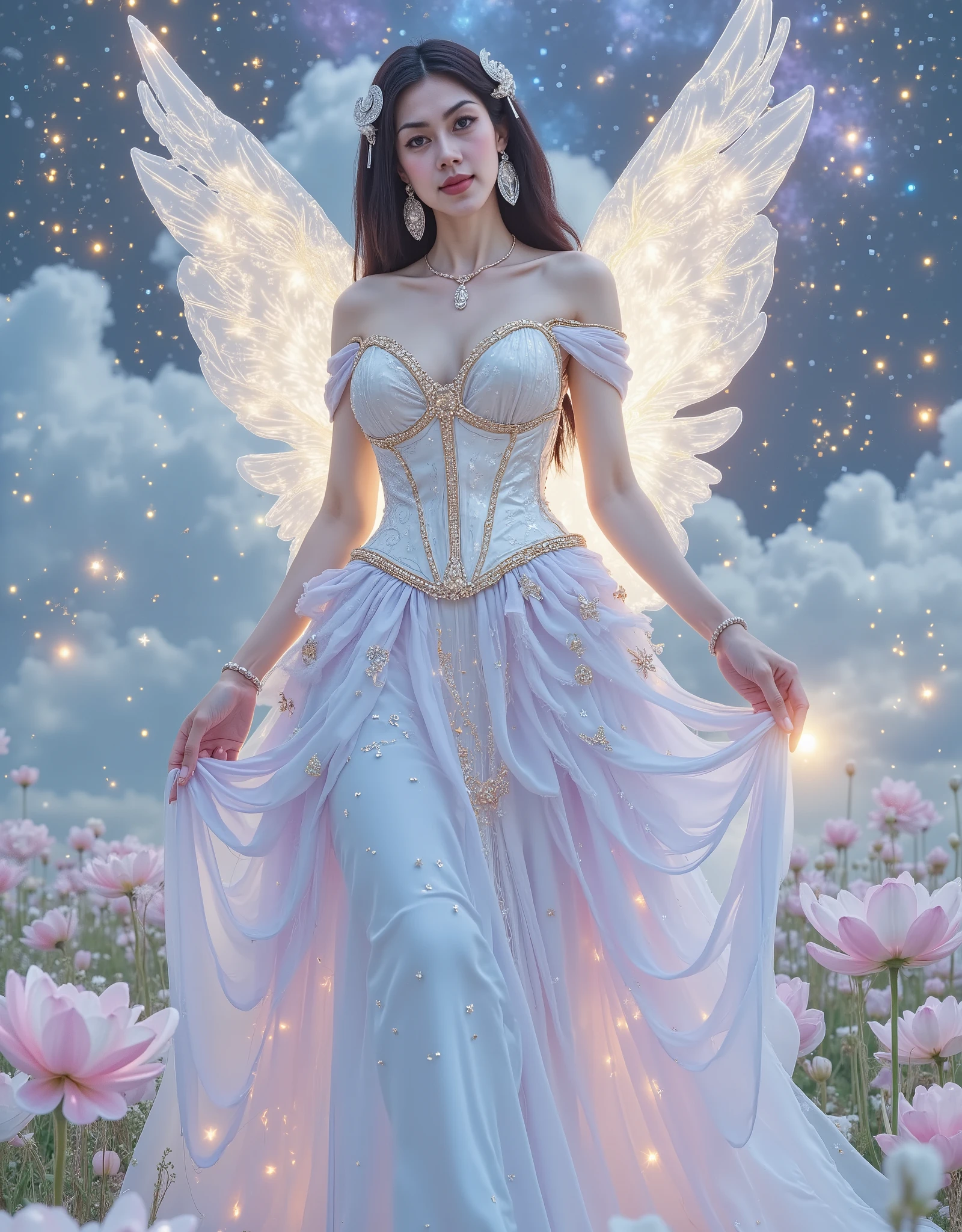 A divine celestial goddess stands in a dreamlike ethereal space, wearing an exquisite off-shoulder gown that glows with an otherworldly light. The bodice is a delicately sculpted corset, adorned with silver and gold celestial patterns, embedded with shimmering crystals that resemble stars. The elegant off-shoulder design features sheer, flowing fabric draped over her arms, embroidered with tiny glowing constellations, giving her an ethereal, angelic aura.
The gown cascades into a voluminous layered skirt, transitioning from a soft, icy blue at the waist to a luminous pastel pink and lavender at the hem. The fabric is light, translucent, and infused with shimmering stardust, floating as if weightless. Large, delicate silk flowers in pale pink and white bloom along the bottom of the dress, resembling celestial lotus petals. Each step she takes leaves a faint trail of cosmic light behind her.
Her long, flowing raven-black hair is adorned with silver crescent moon hairpins and delicate glowing lotus ornaments. Her luminous porcelain skin glows softly, and her deep celestial eyes reflect the vastness of the cosmos. Behind her, subtle ethereal wings made of pure celestial energy extend outward, resembling glowing butterfly wings or a soft nebula pulse.
The background is a mystical celestial palace, floating amidst glowing orbs of light. The sky shimmers with swirling galaxies, and golden calligraphic symbols float gently in the air, forming ancient celestial runes. The atmosphere is serene yet powerful, capturing her divine elegance and grace.