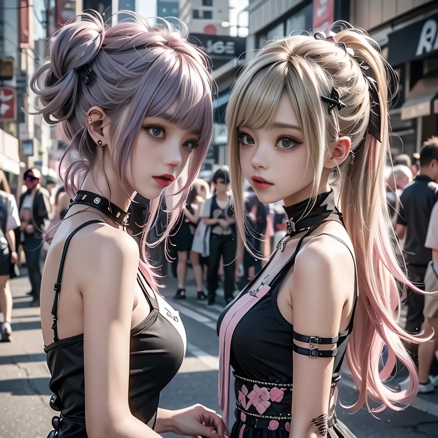 kda,GAL,{{2girls,blonde hair,}}、{{black hair、pink hair}},,white camisole dress,pink camisole dress,{{メスガキのコスプレ}},gothic punk
