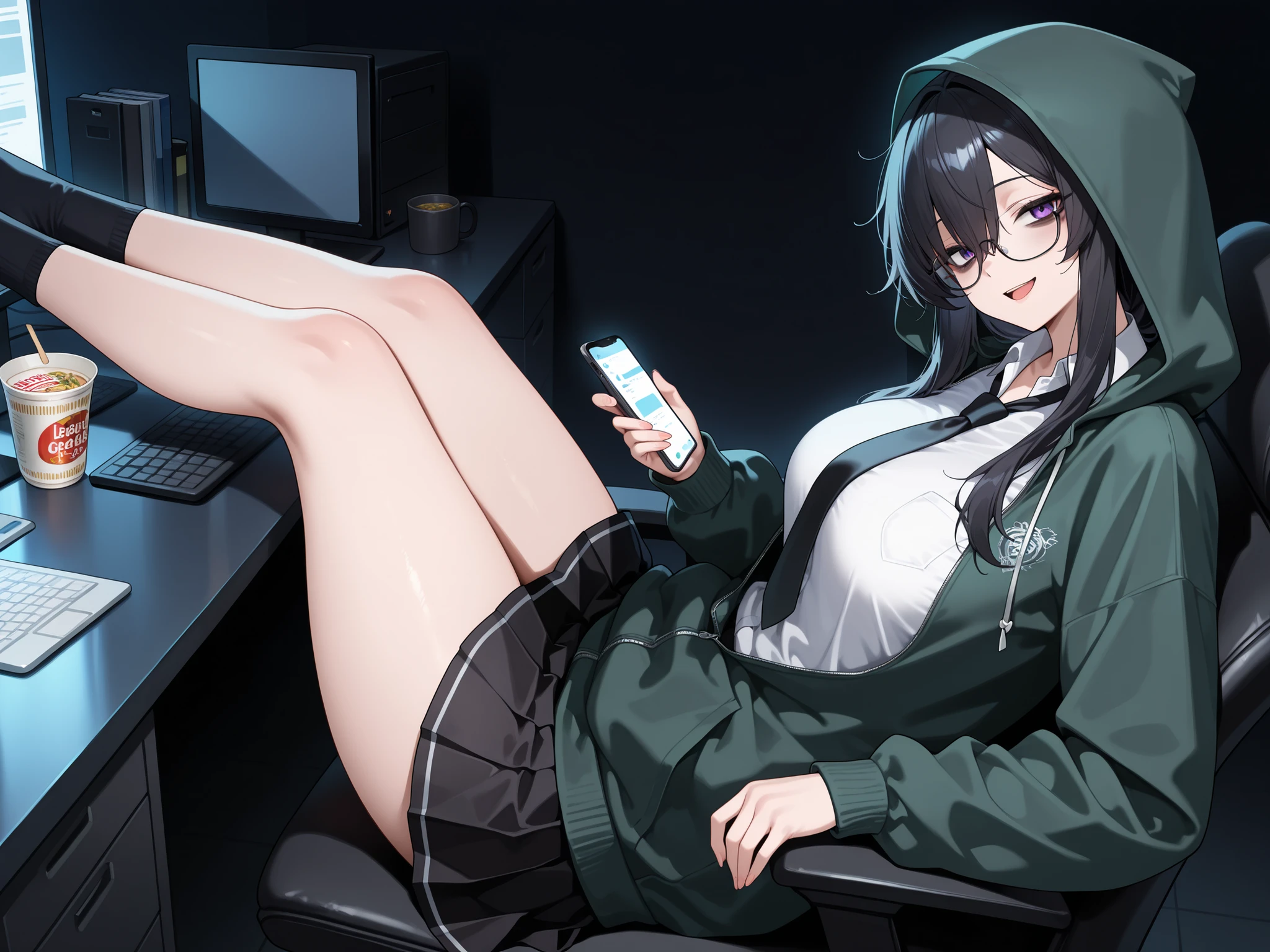 gamerexia, masterpiece, best quality, absurdres, 1girl, solo, medium_breasts, purple_eyes, glasses, black_hair, long_hair, sidelocks, hair_berween_eye, long_sleeves, mature_female, white_shirt, dark green hoodie, open hoodie, black_necktie, school_uniform, standing, tall, black_hair, bags under eyes, curvy, hood_up, light_smile, open mouth, dark background, holding phone, head tilt, pov, black_skirt, pleated_skirt, office, sitting, legs on chair, legs up, socks, chair, desk, computer, from_side, feet, armrest, cup noodles on desk, energy drink on desk, looking at viewer,