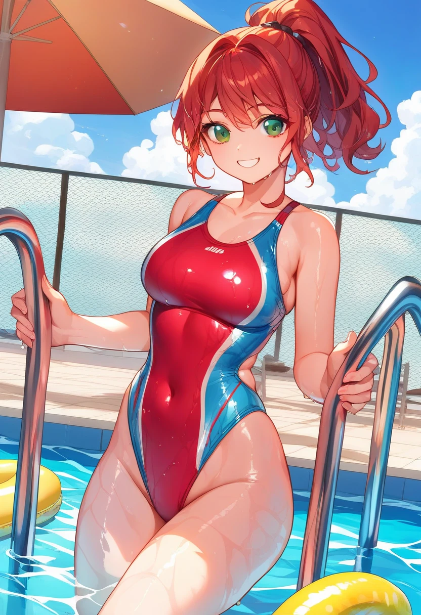 score_9, score_8_up, score_7_up, source_anime,1 girl, red hair,  medium hair, bungs, long bungs, green eyes, big boobs, wide hips, thick thighs, Shiny Skin, Smile Yan, light Smile Yan, wave, Pool、swimming、 competitive swimsuit, Red swimsuit, Wet, Pool, Bare legs,  big boobs , Insert panties while shifting your thick butt, The constriction is perfect and prominent, Wet体 ,ponytail、 day, obscene, sexy, Shy、boobs、Model-like appearance、Shy、Smile、Hands Outstretched