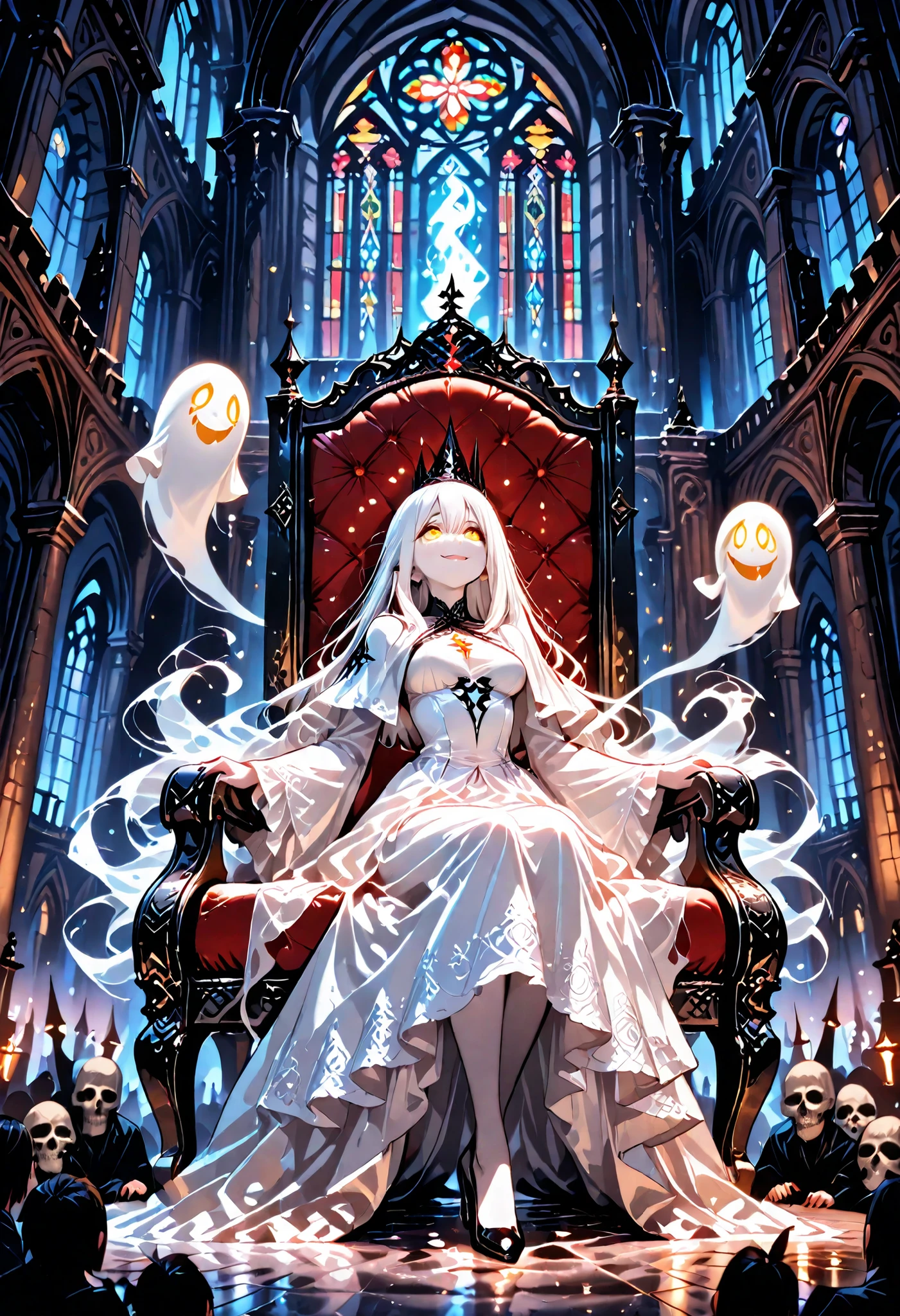 masterpiece, Hi-Res, very high resolution, 8k, super detailed, Highest Quality, Ghost of a Young Woman, solo, Long, straight white hair, beautiful character design, White Skin, perfect contrast, Anatomically Accurate, beautiful and delicate eyes, expressive eyes, yellow eyes, Eyes Shining, A smile bathed in pleasure, ( white dress), pointy breasts:1.1, night, in the dark, high contrast, Interior of an old western castle, Magnificent Gothic Stained Glass Windows, Audience room of a decayed and partially broken castle, 2 skeletons sitting on the throne on the stage, while dozing, full body, (Angle looking up at the stage)