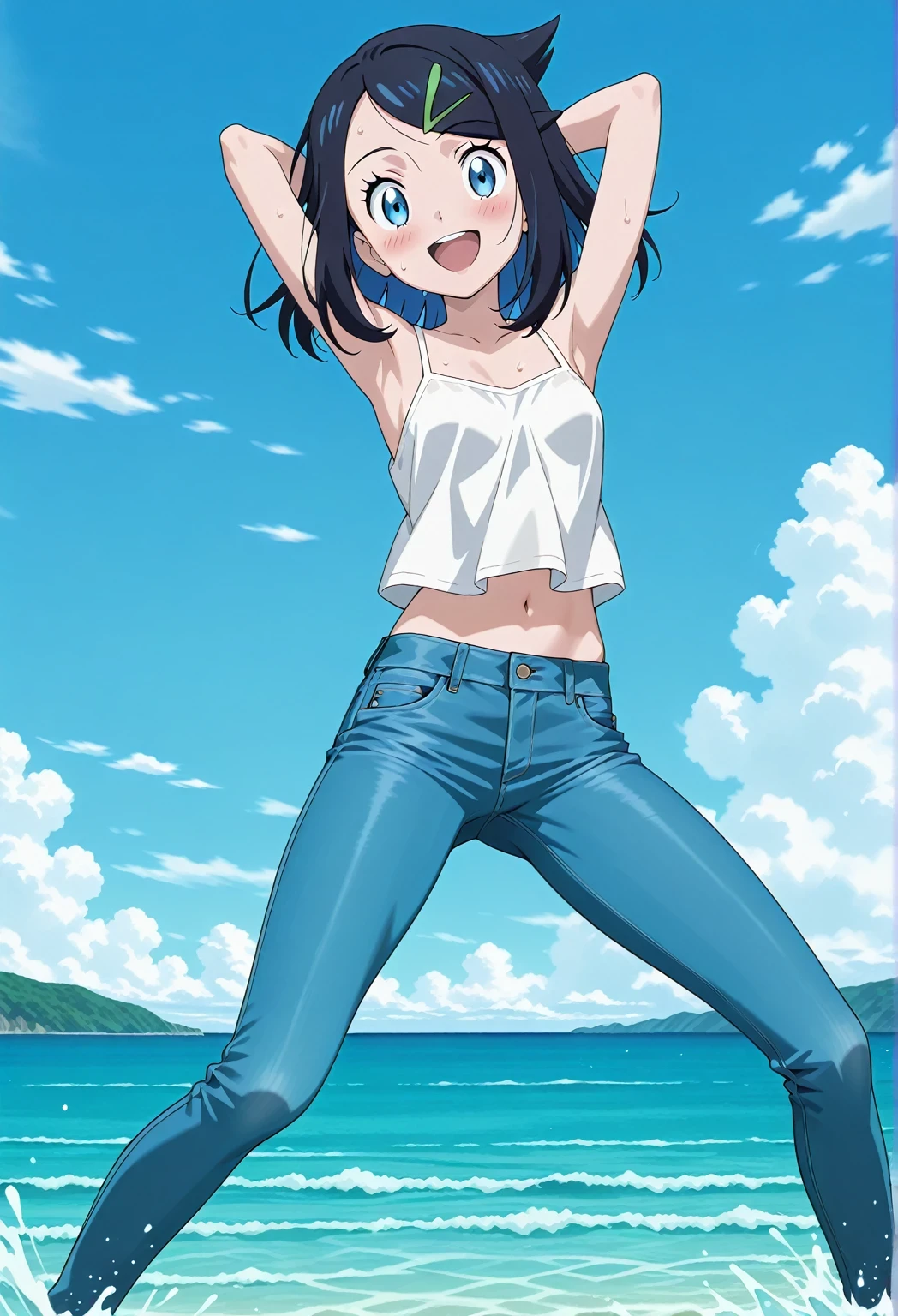 score_9, score_8_up, score_7_up, source_anime, highres, hi res, ((best quality, top quality, perfect quality, Highest Quality, amazing quality)), {{masterpiece}}, {{an extremely delicate and beautiful}}, 2d, intricate details, official style, anime, 8k, anime style, official_anime, official art, digital painting, cell shading, soft shading, high resolution, soothing tones, Subdued Color, Soft cinematic light, adobe lightroom, photolab, HDR, intricately and hyper-detailed, ((high quality animation)), 1 girl, Alone, solo, ((ocean)), tsunami, on the water, day, sunny, outdoors, sky, windy, aaliko, medium hair, black hair, colored inner hair, blue eyes, hairclip, anime screencap, small breasts, white camisole top, crop top, white crop top, best quality, hyper-detailed jeans, ((blue jeans:1.9)), (dark blue jeans:0.6), full medium body, medium shot, Open mouth, smiling, happy face, blush, sweat, standing, ((arms behind head:6.0)), bowlegged, jumping pose, action, looking at viewer, spread legs, Bend knees slightly, straight-on front view
