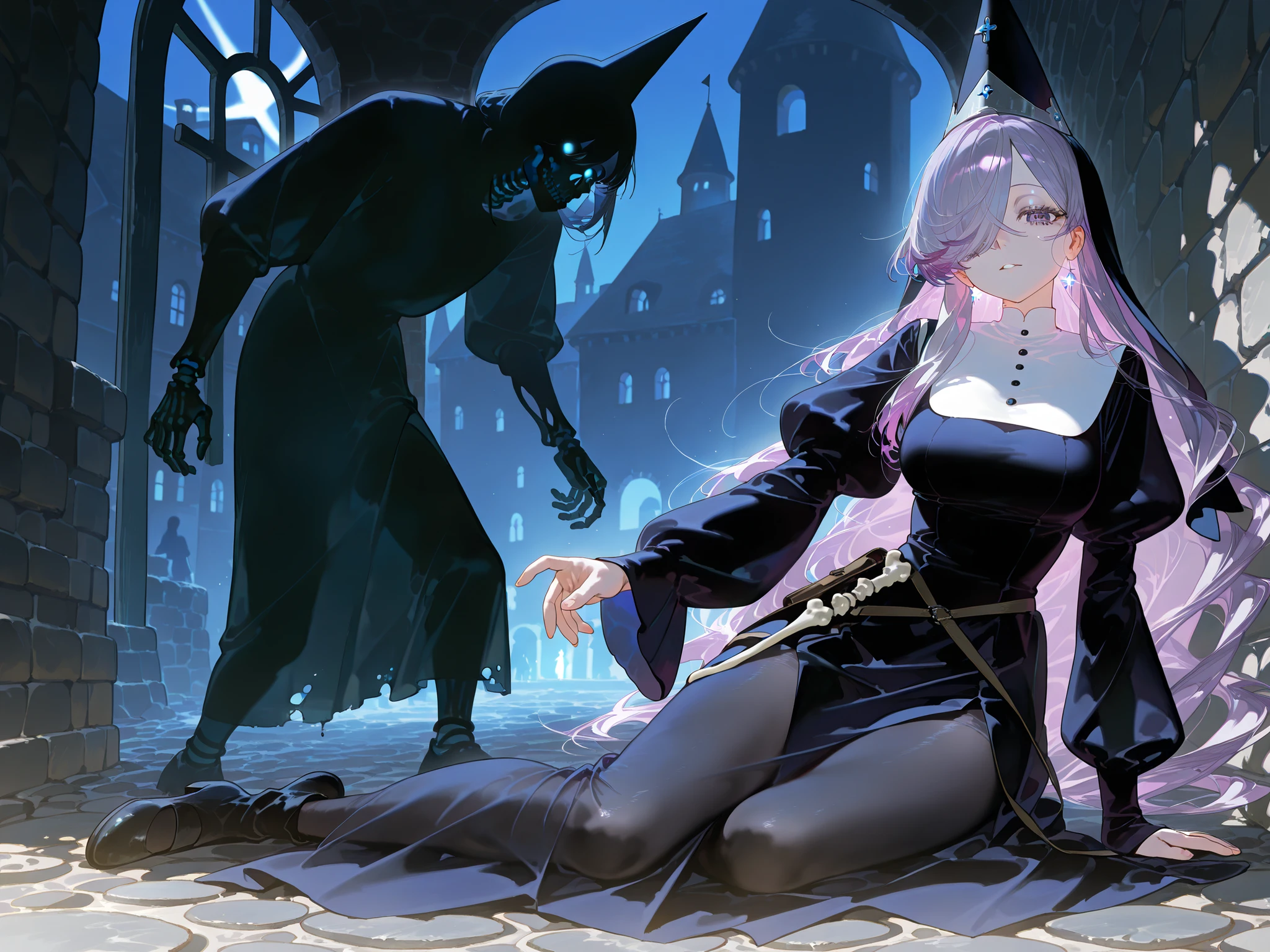 The ghostly medival princes is a ghost. (her body is transparent and translucent because she is a ghost. (She has a transparent skin, the silhouette of her skeletal bones can be see through.) She has a mature physique. She has ghostly pale skin and bruises under her eyes. She has tired big black-purple eyes with long eyelashes and leaking mascara. She has black very long hair with purple highlights, she has a careless long ghostly hairstyle with long hair over one eye. She has a black manicure. She is wearing a black medieval long-sleeved dress,and silver nun's wimple. She wearing a tasseled black silver cone hat of princess. (In the background: is a room with an authentic interior of abandoned medieval castle made of cobblestone. Abandoned medival kingdom.)