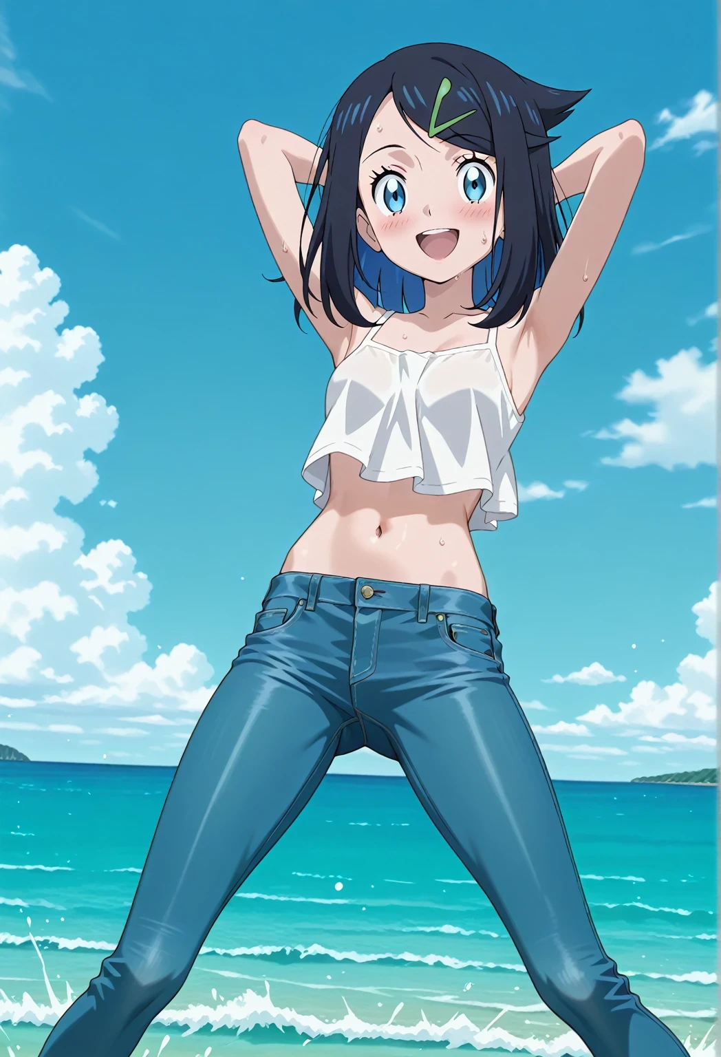 score_9, score_8_up, score_7_up, source_anime, highres, hi res, ((best quality, top quality, perfect quality, Highest Quality, amazing quality)), {{masterpiece}}, {{an extremely delicate and beautiful}}, 2d, intricate details, official style, anime, 8k, anime style, official_anime, official art, digital painting, cell shading, soft shading, high resolution, soothing tones, Subdued Color, Soft cinematic light, adobe lightroom, photolab, HDR, intricately and hyper-detailed, ((high quality animation)), 1 girl, Alone, solo, ((ocean)), tsunami, on the water, day, sunny, outdoors, sky, windy, aaliko, medium hair, black hair, colored inner hair, blue eyes, hairclip, anime screencap, small breasts, white camisole top, crop top, white crop top, best quality, hyper-detailed jeans, ((blue jeans:1.9)), (dark blue jeans:0.6), full medium body, medium shot, Open mouth, smiling, happy face, blush, sweat, standing, ((arms behind head:6.0)), bowlegged, jumping pose, action, looking at viewer, spread legs, Bend knees slightly, straight-on front view