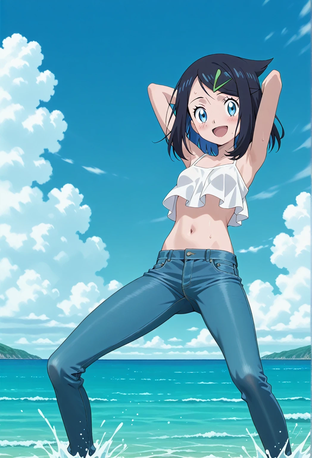 score_9, score_8_up, score_7_up, source_anime, highres, hi res, ((best quality, top quality, perfect quality, Highest Quality, amazing quality)), {{masterpiece}}, {{an extremely delicate and beautiful}}, 2d, intricate details, official style, anime, 8k, anime style, official_anime, official art, digital painting, cell shading, soft shading, high resolution, soothing tones, Subdued Color, Soft cinematic light, adobe lightroom, photolab, HDR, intricately and hyper-detailed, ((high quality animation)), 1 girl, Alone, solo, ((ocean)), tsunami, on the water, day, sunny, outdoors, sky, windy, aaliko, medium hair, black hair, colored inner hair, blue eyes, hairclip, anime screencap, small breasts, white camisole top, crop top, white crop top, best quality, hyper-detailed jeans, ((blue jeans:1.9)), (dark blue jeans:0.6), full medium body, medium shot, Open mouth, smiling, happy face, blush, sweat, standing, ((arms behind head:6.0)), bowlegged, jumping pose, action, looking at viewer, spread legs, Bend knees slightly, straight-on front view