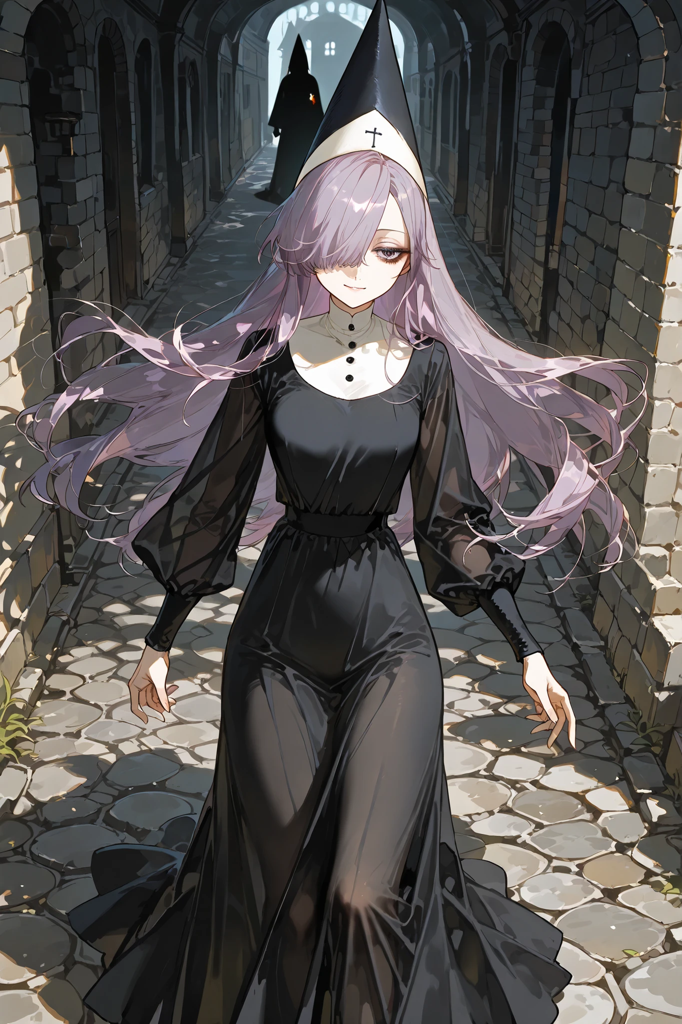 The ghostly medival princes is a ghost. (her body is transparent and translucent because she is a ghost. (She has a transparent skin, the silhouette of her skeletal bones can be see through.) She has a mature physique. She has ghostly pale skin and bruises under her eyes. She has tired big black-purple eyes with long eyelashes and leaking mascara. She has black very long hair with purple highlights, she has a careless long ghostly hairstyle with long hair over one eye. She has a black manicure. She is wearing a black medieval long-sleeved dress,and silver nun's wimple. She wearing a tasseled black silver cone hat of princess. (In the background: is a room with an authentic interior of abandoned medieval castle made of cobblestone. Abandoned medival kingdom.)