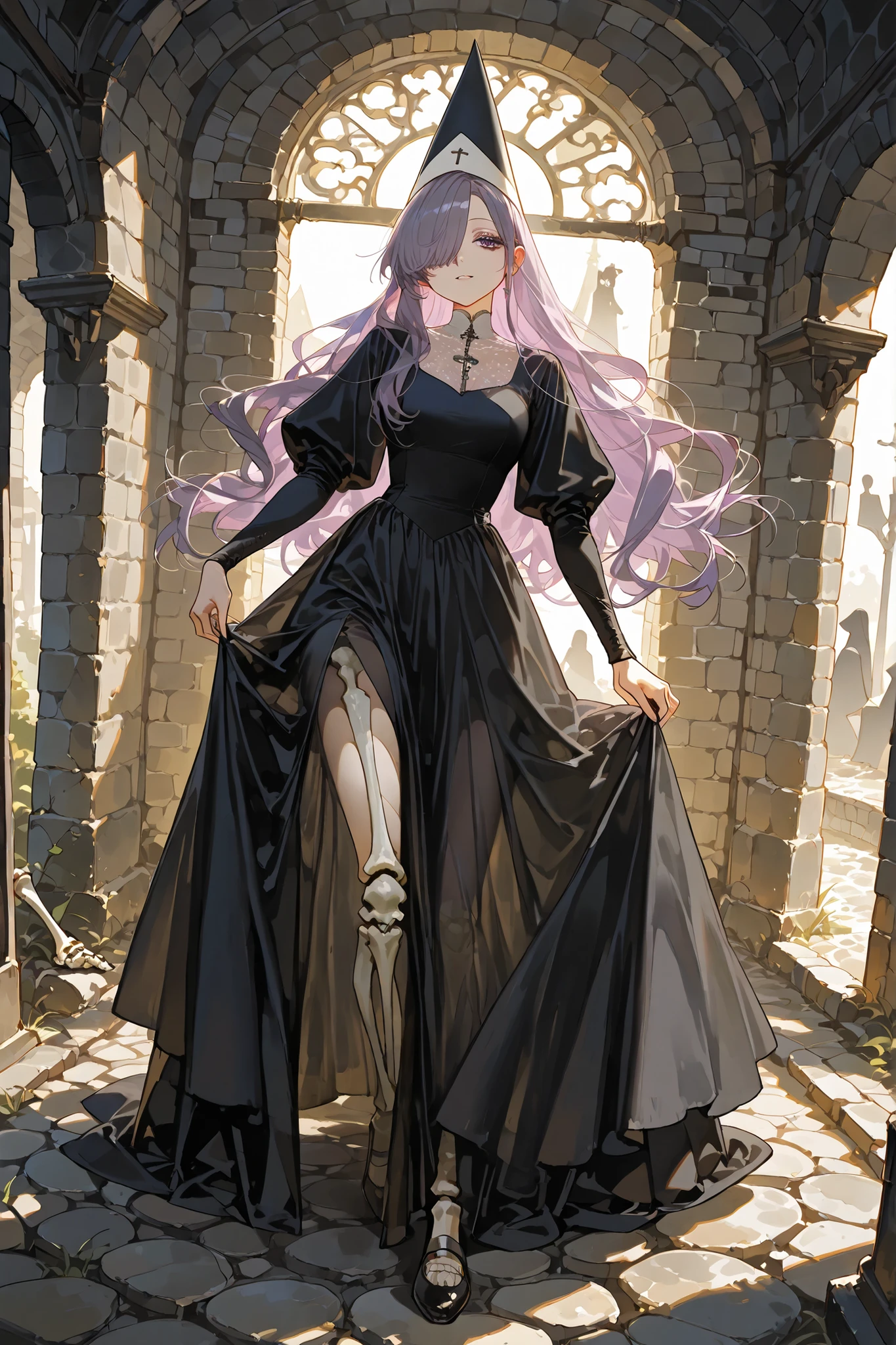 The ghostly medival princes is a ghost. (her body is transparent and translucent because she is a ghost. (She has a transparent skin, the silhouette of her skeletal bones can be see through.) She has a mature physique. She has ghostly pale skin and bruises under her eyes. She has tired big black-purple eyes with long eyelashes and leaking mascara. She has black very long hair with purple highlights, she has a careless long ghostly hairstyle with long hair over one eye. She has a black manicure. She is wearing a black medieval long-sleeved dress,and silver nun's wimple. She wearing a tasseled black silver cone hat of princess. (In the background: is a room with an authentic interior of abandoned medieval castle made of cobblestone. Abandoned medival kingdom.)