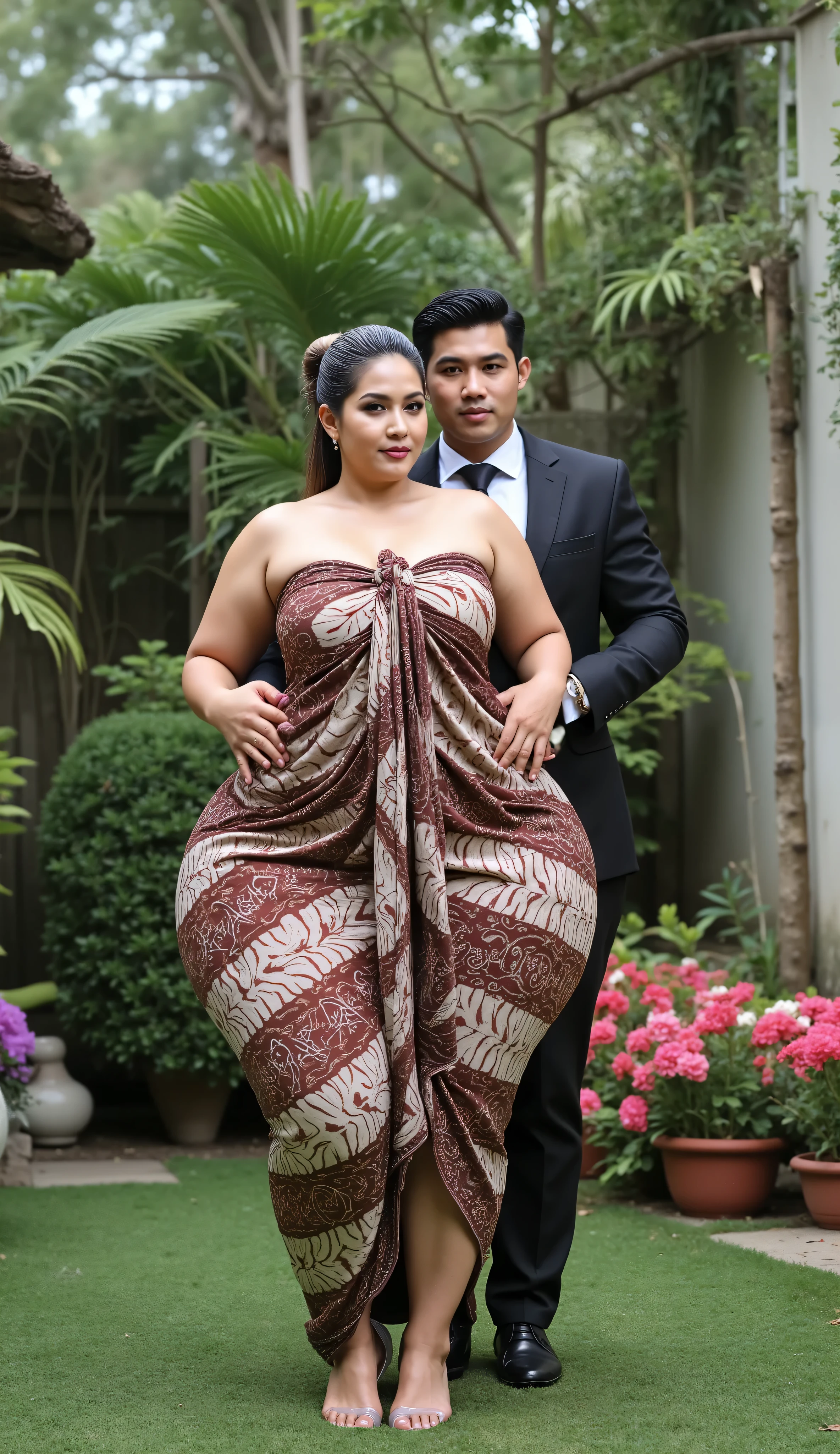An indnesian attractive mature woman with a provocative curvaceous body, is 60 years old and has a figure with prominent curves, a plump with perfect proportions curves, generous curves and plus-size, a body with an hourglass figure, her voluptuous wide hips harmonize with slender wasp waist, with wide legs and wide thighs well-shaped, and her butt in good shape, plump and shaped buttocks. She has characteristics typical of her age, slight wrinkles on her face and gray hair, long hair with an elegant Bun style hairstyle, has beautiful and fine facial features. She wore a loose batik kemben dress and wear transparent glass heels. She is in a beautiful garden adorned for a wedding, she is a bride for her young son who is tall and thin, 20 years old. He was wearing a black suit and had black hair, He is behind to her, look face to face , he holds her with passion and places his hand close to her buttocks and his other hand hold her breast. they was captured is a modern hyperrealistic cinematic style, captured on a full body overview, with hyperrealistic details and good focus quality.