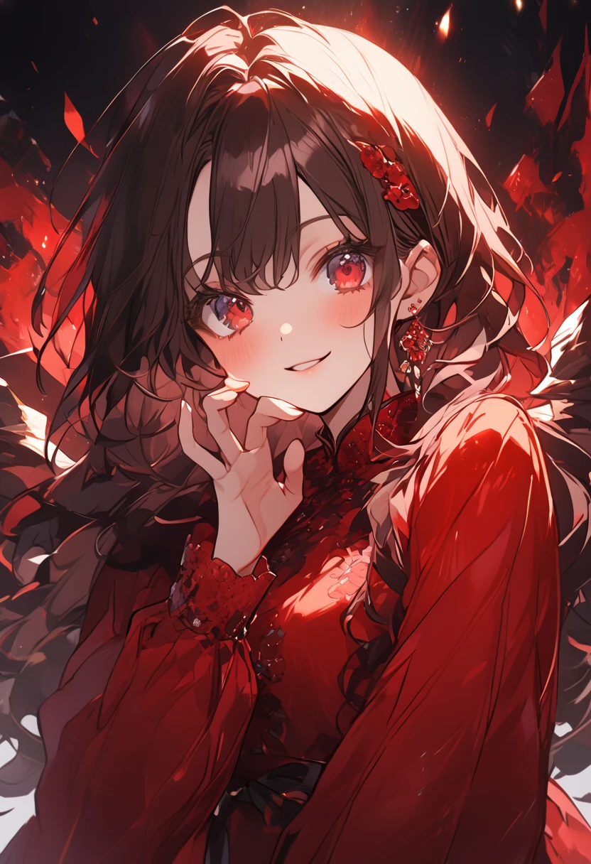 Anime girl in red dress sitting on sofa, Rin Tohsaka, , A succubus in a short, tight dress., Charming anime girl,  covered and NRF, anime cel shading, anime style 3d, Cell - Shaded Art Style, (NRF) safe for work, anime  magic handsome witch, NRF version, Cell-shaded adult animation