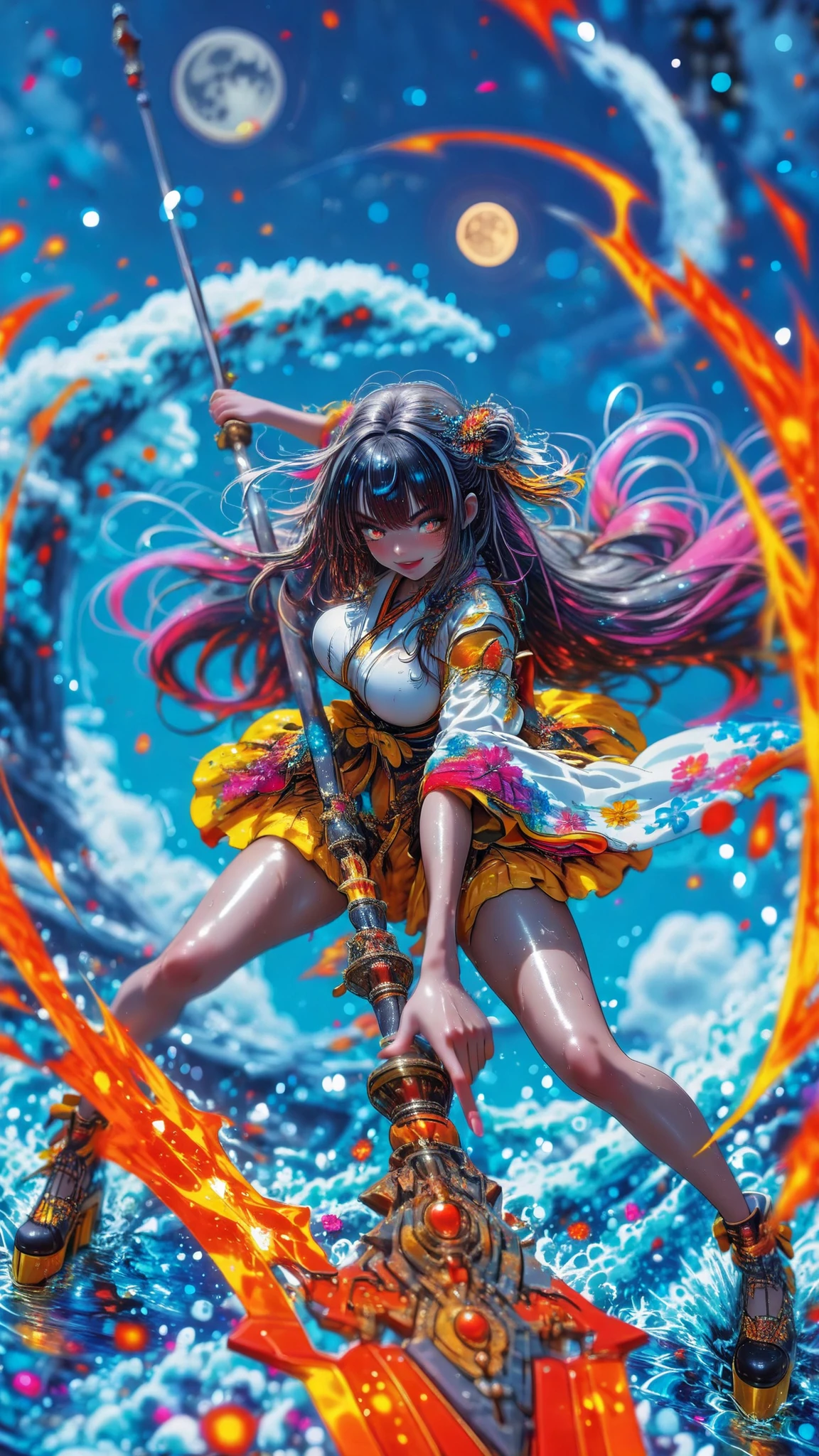 32k,Highest Quality、maximum resolution,masterpiece,beautiful顔, shiny skin ,Smiling Yang      ,favorite face ,1girl, solo, Amazing long hair, Dark Haired,knee-high, battle pose(  Amazing),weapons, ,cloud, Moon, and big waves , battle pose, curved platform shoes,           Black Reaper           , ホワイトknee-high, Flower, Flowerプリント, in、plantar shoes, viewers, lips, dress, white kimono, white kimono,yellow skirt,  Straddling  , Is Perfect Finger(5 fingers),hair jewelry , , full body , all, blurred background、people々rimless、ビューアrimlesssea 、Soft big boobs 、strong female warrior with a spear shining brightly、from above、Hide with right arm、swaying downward at a dynamic angle, ,limited palette,colorful , , (dynamic movement、motion blur:1.2)、dramatic action pose、dynamic movementで、beautiful, vivid, and powerful splashes、(on blue background :1.2)is very cool、 sakura fubuki、cloud,Big Wave Splashes Surrounding the Moon,月明かりに照らされたbeautiful肌