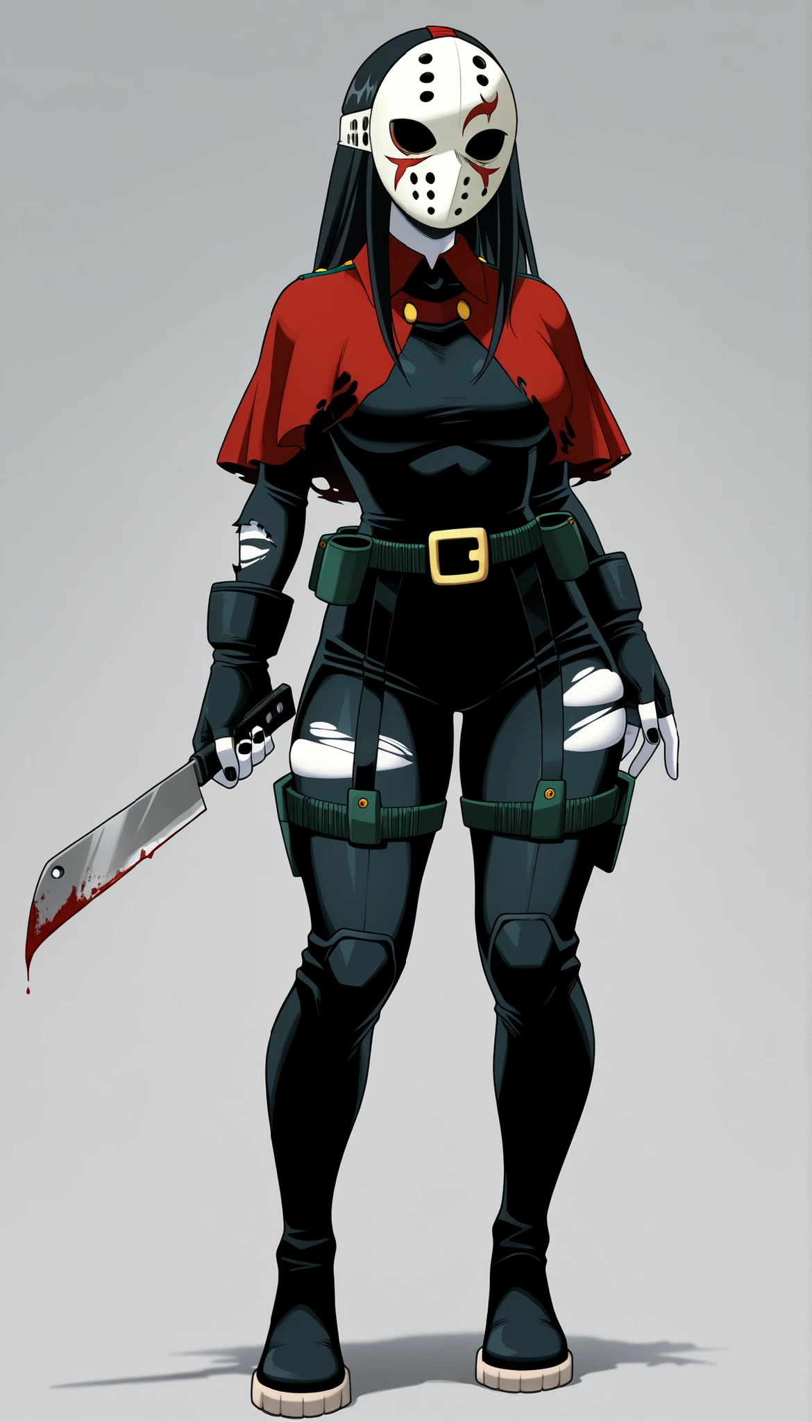 ((Highest Quality)), ((Simple Light Grey Background)), ((My Hero Academia Style)), standing, ((Ghost Girl)), 1female, female, full body, Standing, medium breast, thighs, hips, shins, solo, medium breast, ((black hair)), hime cut, long hair, hair over the eyes, pale skin, pale skin female, black nail polish, full body, Black combat gloves, combat gloves, black gloves, holding knife, bloody knife, holding machete, bloody machete, black Thigh bodysuit, full body bodysuit, hidden skin, red capelet, high-collared capelet, Torn capelet, streaked hair tips, black belts straps, black leather belt straps, White hockey mask, hockey mask, hidden face, hidden mouth, hidden eyes, ((no skin)), black sleeves, black pants, Thick body,