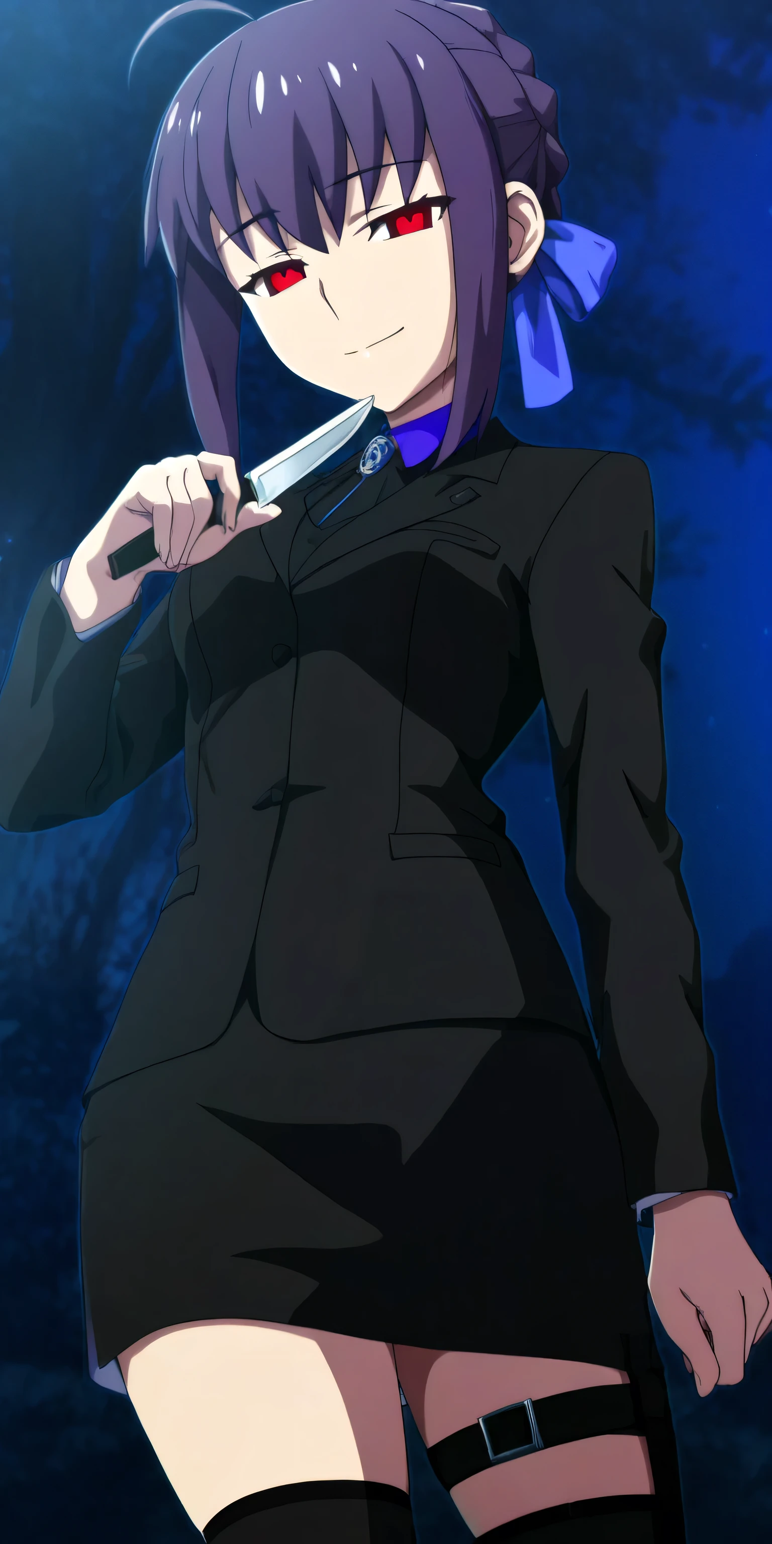 masterpiece, , absurdres, highres, detailed background, high resolution, masterpiece, necessary, detail, best quality, quality, necessary, details, High details, tokyo, ufotable style, anime style, anime screenshot, by ufotable, fate \(series\), resurgence,((half eyes closed)), happy, dark blue business uniform, black short skirt, leg belt, black thigh highs,
girl, female, mature, 1girl, artoria pendragon, ahoge, dark purple hair, red eyes, hair ribbon, blue ribbon, french braid, braided bun, single hair bun, short hair, sidelocks, small , holding a small knife between multiple fingers, looking at viewer,                                                                                                                                                                                                                                                                                                            (anime coloring:1.2), (anime screencap:1.2).                                                                                                                                                      