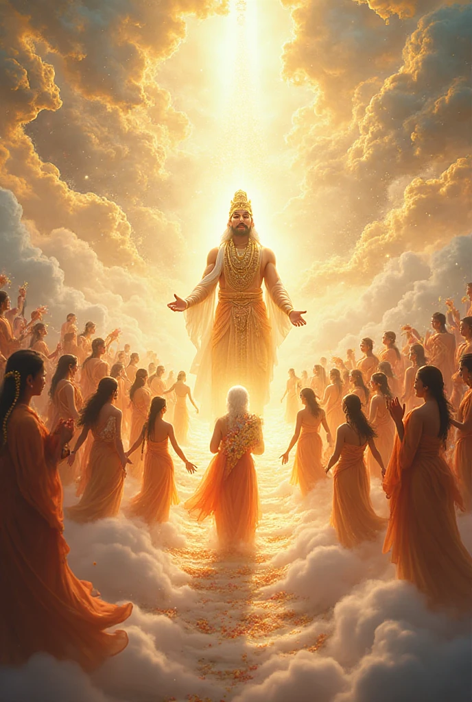 Devas Raining Flowers Prompt: A breathtaking heavenly realm (Devaloka) filled with golden ...
