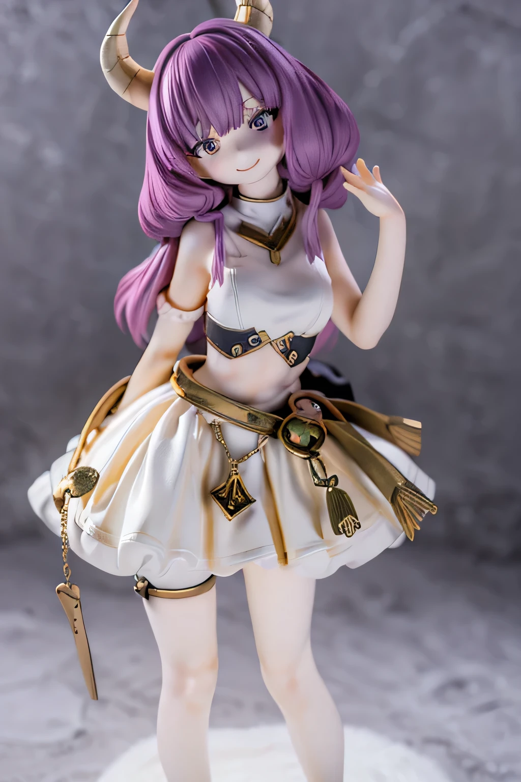 (Top Quality 4k,high resolution:1.2),very detailed,Realistic,bluish tones, soft sentences,girls,Her Long,  Flowing Gray Hair、In contrast to pale skin.., Smile from the waist up,  CHARMING SMILE (((((contrast)))))full body　Magic Strike Back with     Libra(((((     Libraを持つ)))))Purple-red hair　     Libra　Horn