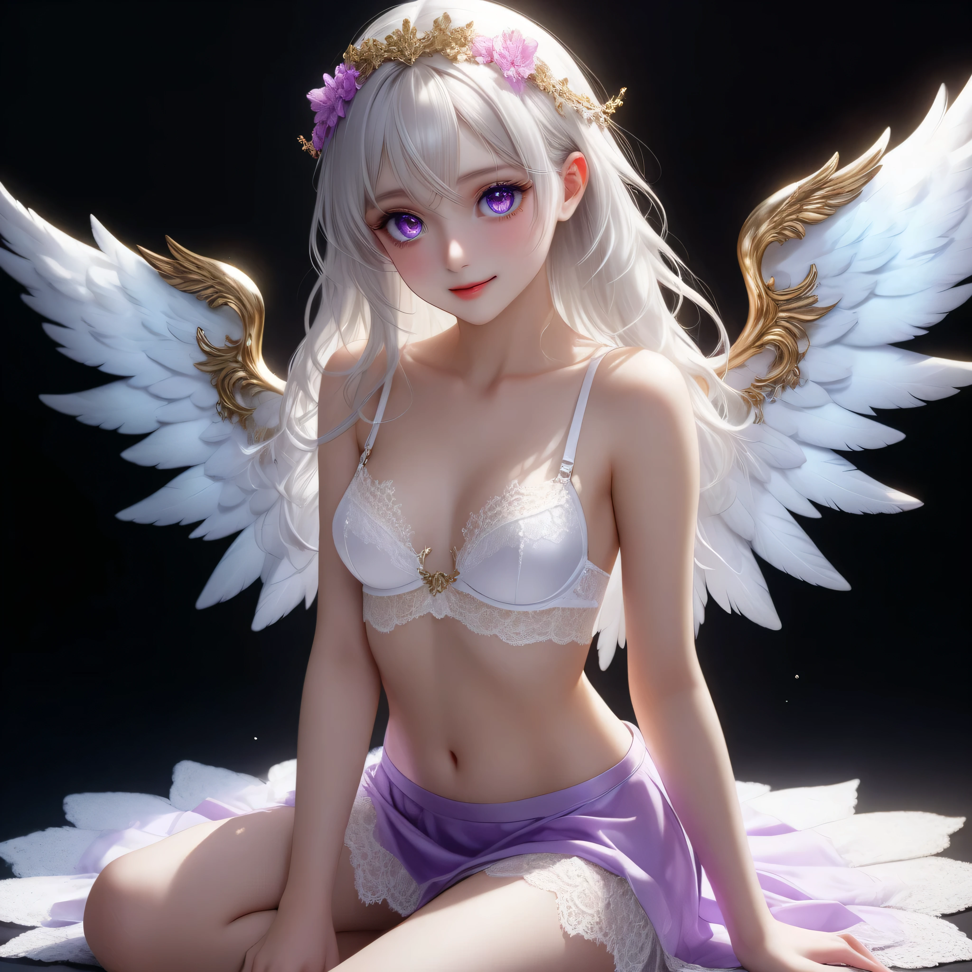 ((Top quality, 8K, best quality, masterpiece, ultra realistic)), ((Beautiful angel with odd eyes)), ((Heterochromia, golden eyes, silver eyes)), ((Sparkling and detailed eyes)), (Very precise eyes), (Long hair with a mixture of platinum and purple), Princess cut, ((Translucent and shining white skin)), Shiny skin, Very white skin, ((Very small breasts)), ((Beautiful woman wearing a lacy crimson quarter cup bra with a clearly visible intricate lace pattern)), ((Crimson wrap (wearing a skirt), ((a beautiful flower garden), ((lime green quarter cup bra)), ((sitting with her legs stretched out, with wings on either side of her back)), ((anatomically accurate depiction)), ((the exact number of fingers, detailed depiction down to the tips of the fingers)), gaze, ((angel wings)),blushing face, ((the surroundings are sparkling)), smile, very beautiful, fantasy world, very beautiful eyes