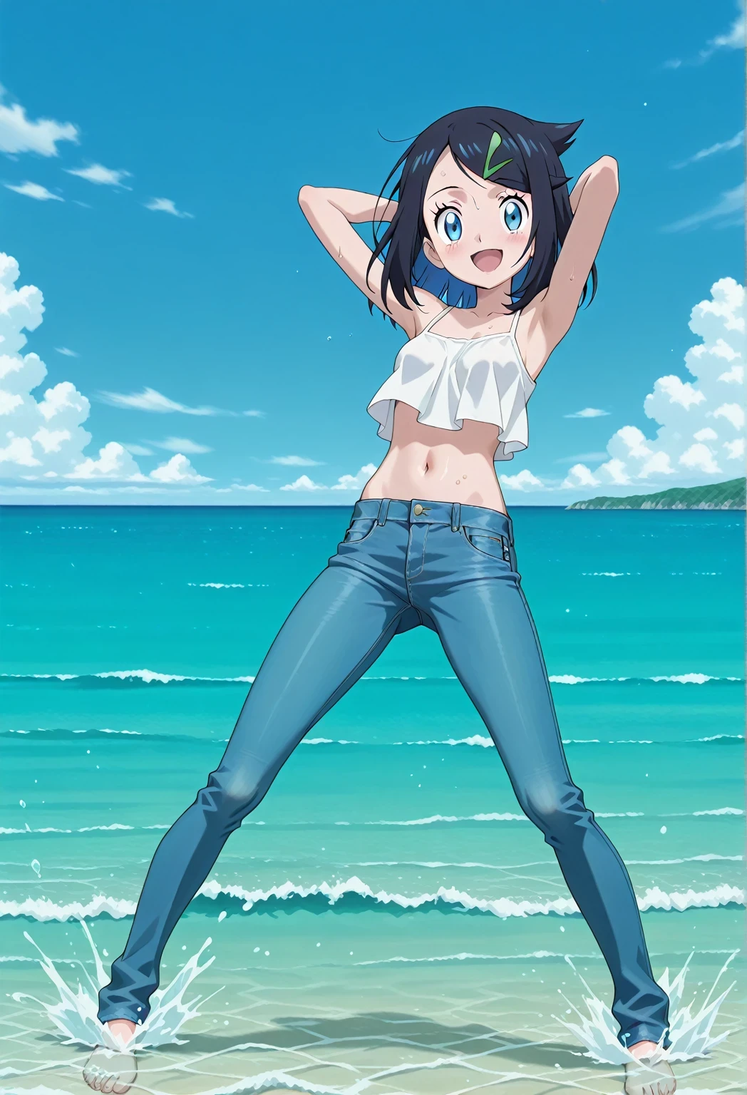 score_9, score_8_up, score_7_up, source_anime, highres, hi res, ((best quality, top quality, perfect quality, Highest Quality, amazing quality)), {{masterpiece}}, {{an extremely delicate and beautiful}}, 2d, intricate details, official style, anime, 8k, anime style, official_anime, official art, digital painting, cell shading, soft shading, high resolution, soothing tones, Subdued Color, Soft cinematic light, adobe lightroom, photolab, HDR, intricately and hyper-detailed, ((high quality animation)), 1 girl, Alone, solo, ((ocean)), tsunami, on the water, day, sunny, outdoors, sky, windy, aaliko, medium hair, black hair, colored inner hair, blue eyes, hairclip, anime screencap, small breasts, white camisole top, crop top, white crop top, best quality, hyper-detailed jeans, ((blue jeans:1.9)), (dark blue jeans:0.6), full medium body, medium shot, Open mouth, smiling, happy face, blush, sweat, standing, ((arms behind head:6.0)), bowlegged, sliding pose, action, looking at viewer, spread legs, Bend knees slightly, straight-on front view