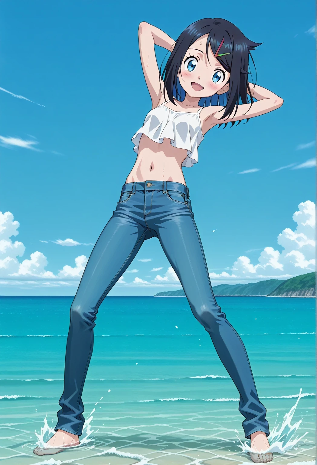 score_9, score_8_up, score_7_up, source_anime, highres, hi res, ((best quality, top quality, perfect quality, Highest Quality, amazing quality)), {{masterpiece}}, {{an extremely delicate and beautiful}}, 2d, intricate details, official style, anime, 8k, anime style, official_anime, official art, digital painting, cell shading, soft shading, high resolution, soothing tones, Subdued Color, Soft cinematic light, adobe lightroom, photolab, HDR, intricately and hyper-detailed, ((high quality animation)), 1 girl, Alone, solo, ((ocean)), tsunami, on the water, day, sunny, outdoors, sky, windy, aaliko, medium hair, black hair, colored inner hair, blue eyes, hairclip, anime screencap, small breasts, white camisole top, crop top, white crop top, best quality, hyper-detailed jeans, ((blue jeans:1.9)), (dark blue jeans:0.6), full medium body, medium shot, Open mouth, smiling, happy face, blush, sweat, standing, ((arms behind head:6.0)), bowlegged, sliding pose, action, looking at viewer, spread legs, Bend knees slightly, straight-on front view