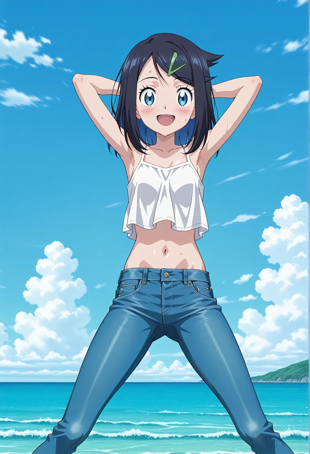score_9, score_8_up, score_7_up, source_anime, highres, hi res, ((best quality, top quality, perfect quality, Highest Quality, amazing quality)), {{masterpiece}}, {{an extremely delicate and beautiful}}, 2d, intricate details, official style, anime, 8k, anime style, official_anime, official art, digital painting, cell shading, soft shading, high resolution, soothing tones, Subdued Color, Soft cinematic light, adobe lightroom, photolab, HDR, intricately and hyper-detailed, ((high quality animation)), 1 girl, Alone, solo, ((ocean)), tsunami, on the water, day, sunny, outdoors, sky, windy, aaliko, medium hair, black hair, colored inner hair, blue eyes, hairclip, anime screencap, small breasts, white camisole top, crop top, white crop top, best quality, hyper-detailed jeans, ((blue jeans:1.9)), (dark blue jeans:0.6), full medium body, medium shot, Open mouth, smiling, happy face, blush, sweat, standing, ((arms behind head:6.0)), bowlegged, sliding pose, action, looking at viewer, spread legs, Bend knees slightly, straight-on front view