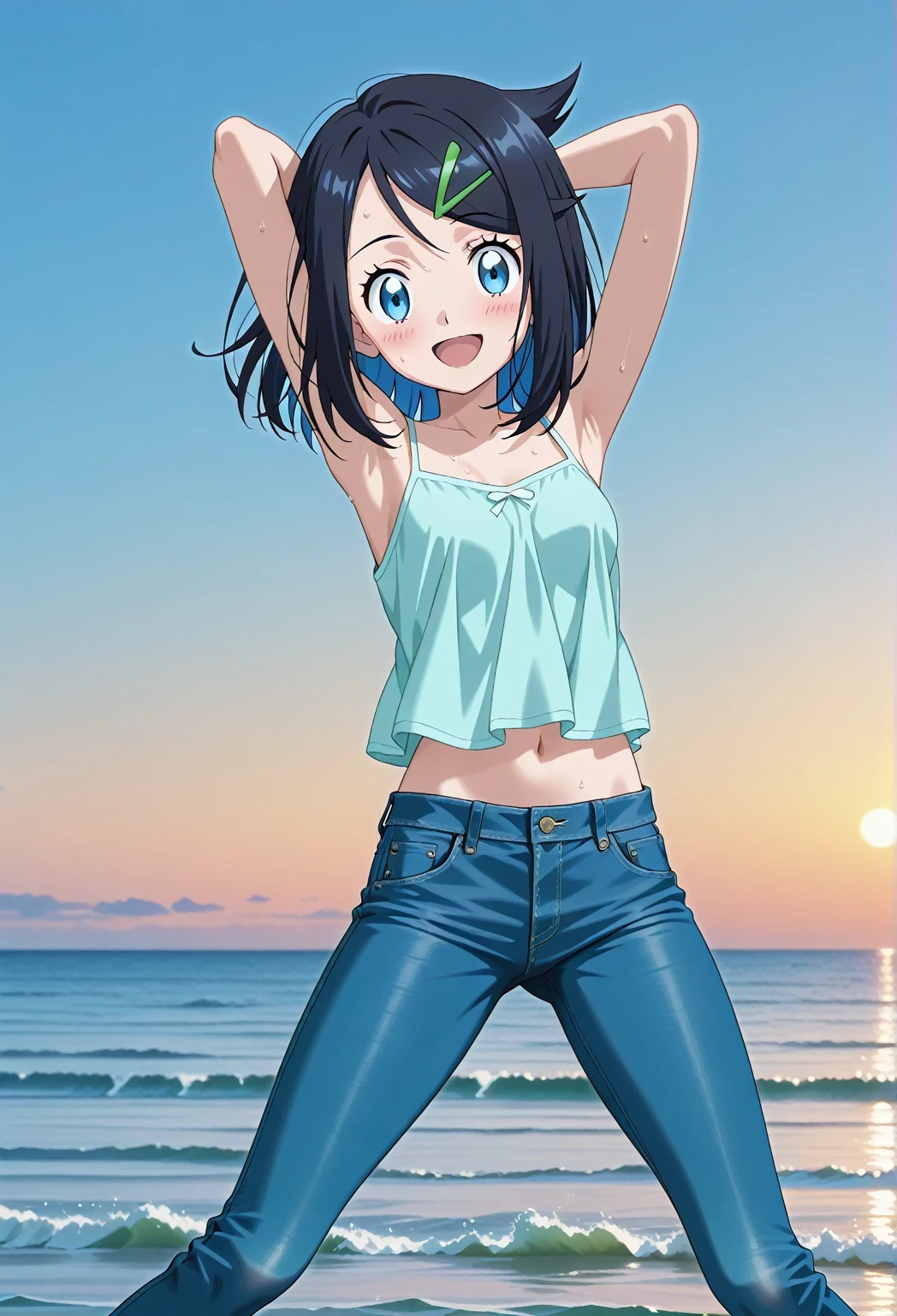 score_9, score_8_up, score_7_up, source_anime, highres, hi res, ((best quality, top quality, perfect quality, Highest Quality, amazing quality)), {{masterpiece}}, {{an extremely delicate and beautiful}}, 2d, intricate details, official style, anime, 8k, anime style, official_anime, official art, digital painting, cell shading, soft shading, high resolution, soothing tones, Subdued Color, Soft cinematic light, adobe lightroom, photolab, HDR, intricately and hyper-detailed, ((high quality animation)), 1 girl, Alone, solo, ((ocean)), tsunami, on the water, day, sunny, outdoors, sky, windy, aaliko, medium hair, black hair, colored inner hair, blue eyes, green hairclip, anime screencap, small breasts, light blue camisole top, crop top, light blue crop top, best quality, hyper-detailed jeans, ((blue jeans:1.9)), (dark blue jeans:0.6), full medium body, medium shot, Open mouth, smiling, happy face, blush, sweat, standing, ((arms behind head:6.0)), bowlegged, sliding pose, action, looking at viewer, spread legs, Bend knees slightly, straight-on front view