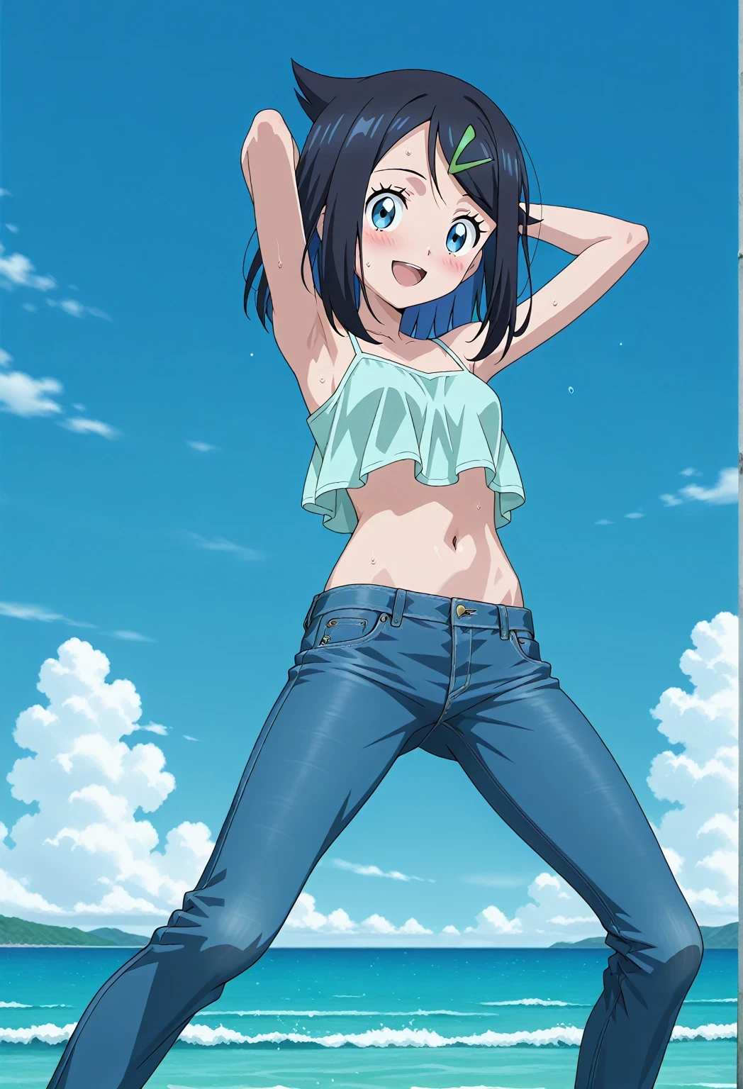 score_9, score_8_up, score_7_up, source_anime, highres, hi res, ((best quality, top quality, perfect quality, Highest Quality, amazing quality)), {{masterpiece}}, {{an extremely delicate and beautiful}}, 2d, intricate details, official style, anime, 8k, anime style, official_anime, official art, digital painting, cell shading, soft shading, high resolution, soothing tones, Subdued Color, Soft cinematic light, adobe lightroom, photolab, HDR, intricately and hyper-detailed, ((high quality animation)), 1 girl, Alone, solo, ((ocean)), tsunami, on the water, day, sunny, outdoors, sky, windy, aaliko, medium hair, black hair, colored inner hair, blue eyes, green hairclip, anime screencap, small breasts, light blue camisole top, crop top, light blue crop top, best quality, hyper-detailed jeans, ((blue jeans:1.9)), (dark blue jeans:0.6), full medium body, medium shot, Open mouth, smiling, happy face, blush, sweat, standing, ((arms behind head:6.0)), bowlegged, sliding pose, action, looking at viewer, spread legs, Bend knees slightly, straight-on front view