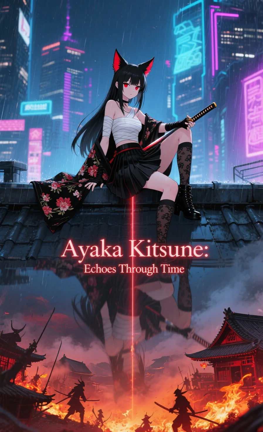 masterpiece, best quality, ultra highres, anime style,
1girl, sitting on the edge of a rooftop, one knee up, one hand resting on katana, gazing forward calmly,
black long straight hair with bangs, fox ears same color as hair, pale porcelain skin, detailed red sharp eyes,
white bandage wrap top, black floral pleated skirt, black gloves, patterned stockings, black boots,
long floral shawl draped over shoulders, black color, fluttering,
camera: wide shot, horizon-level split composition,
upper half: futuristic cyberpunk Tokyo skyline at night, glowing neon, holographic signs, light rain, blue and magenta lighting,
lower half: reflected world beneath the rooftop showing ancient Japan battlefield, burning village, samurai silhouettes in red-orange tone,
the rooftop edge forms a perfect dividing line between past and future,
soft red-blue neon reflection on upper part, warm orange ember glow on lower part, volumetric mist, dynamic contrast, cinematic lighting, detailed environment, emotional duality, realistic reflection,
text overlay at center of horizon split: "Ayaka Kitsune: Echoes Through Time", cinematic title style, elegant font, subtle glow, readable without overpowering image
