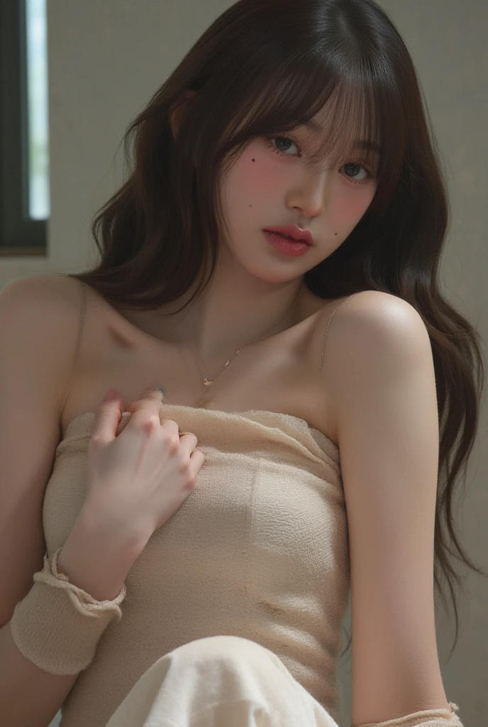 8K, RAW Photos, Fujifilm, ((Highest quality)), ((masterpiece)), (detailed), ((in the gym storeroom )),長い髪と白いトップを持つアラフェアジア人woman, 美しい韓国人woman, 美しい若い韓国人woman, Young and adorable Korean face, ゴージャスな若い韓国人woman, Korean Girls, Girl cute beautiful face, 韓国のwomanアイドルの肖像, Young and pretty Asian face, Cute natural anime face,Asian pretty face,((glistening eyes)),(()),(detailed),Perfect Face,((One girl)), ((clear eyes)),(scrawny：weight1.0〜2.0)iris, Elevation, space, (Natural Light), Dramatic lighting, Chiaroscuro, Emotional depth,woman,(()),((show off )), ((flat chest:1.4)),,slender, (a short bob),(well-groomed hair),delicate,Small breasts,((Small breasts)),the body is slender,Beauty,Beauty,4K quality,Young face,Big eyes,Brown eyes,Perfect Face, 17years old,breasts are very small,Model Body Type,Cute Face,Pink ,Symmetrical eyes,Glowing eyes,Natural smile,((Always show your boobs)),((Gaunt)),beautiful,((a short bob)), ((half body)),(  models hoot style),((intricate choker necklace)), (embarrassed blush:1.3),,(steam:0.8),(wet:0.8),(sweat:0.8),(trembling:1.3),(parted lips:1.4),(harf open eyes:1.6),(feeling weak:1.5), (lips),(intricate earrings),(()),((woman posing for a photo)),Photo from the waist up, Fine-boned face