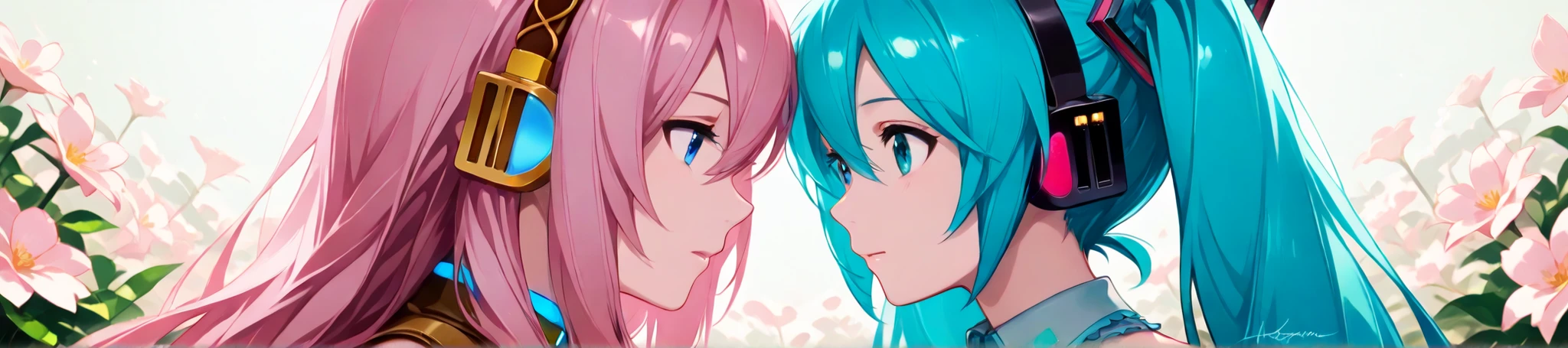 2 beautiful vocaloid icons, Hatsune Miku and Megurine Luka Facing Each Other, headphones, Miku's Signature Turquoise Twin Tails, Luka's Elegant, Includes Iconic Costume Color Elements, bright neon accents, clean, modern digital art style, flower background, Simple and unique, Character's face is clearly visible, anime style, high resolution
