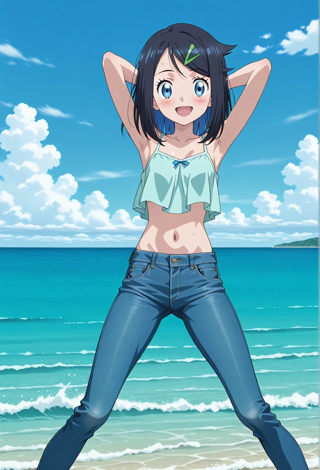 score_9, score_8_up, score_7_up, source_anime, highres, hi res, ((best quality, top quality, perfect quality, Highest Quality, amazing quality)), {{masterpiece}}, {{an extremely delicate and beautiful}}, 2d, intricate details, official style, anime, 8k, anime style, official_anime, official art, digital painting, cell shading, soft shading, high resolution, soothing tones, Subdued Color, Soft cinematic light, adobe lightroom, photolab, HDR, intricately and hyper-detailed, ((high quality animation)), 1 girl, Alone, solo, ((ocean)), tsunami, on the water, day, sunny, outdoors, sky, windy, aaliko, medium hair, black hair, colored inner hair, blue eyes, green hairclip, anime screencap, small breasts, light blue camisole top, crop top, light blue crop top, best quality, hyper-detailed jeans, ((blue jeans:1.9)), (dark blue jeans:0.6), full medium body, medium shot, Open mouth, smiling, happy face, blush, sweat, standing, ((arms behind head:6.0)), bowlegged, sliding pose, action, looking at viewer, spread legs, Bend knees slightly, straight-on front view