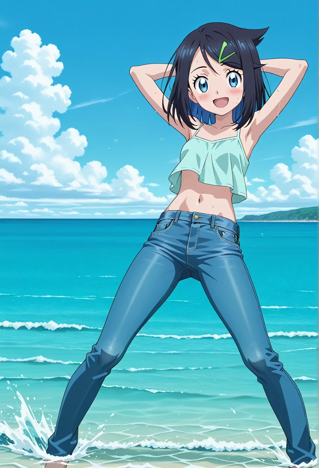 score_9, score_8_up, score_7_up, source_anime, highres, hi res, ((best quality, top quality, perfect quality, Highest Quality, amazing quality)), {{masterpiece}}, {{an extremely delicate and beautiful}}, 2d, intricate details, official style, anime, 8k, anime style, official_anime, official art, digital painting, cell shading, soft shading, high resolution, soothing tones, Subdued Color, Soft cinematic light, adobe lightroom, photolab, HDR, intricately and hyper-detailed, ((high quality animation)), 1 girl, Alone, solo, ((ocean)), tsunami, on the water, day, sunny, outdoors, sky, windy, aaliko, medium hair, black hair, colored inner hair, blue eyes, green hairclip, anime screencap, small breasts, light blue camisole top, crop top, light blue crop top, best quality, hyper-detailed jeans, ((blue jeans:1.9)), (dark blue jeans:0.6), full medium body, medium shot, Open mouth, smiling, happy face, blush, sweat, standing, ((arms behind head:6.0)), bowlegged, sliding pose, action, looking at viewer, spread legs, Bend knees slightly, straight-on front view